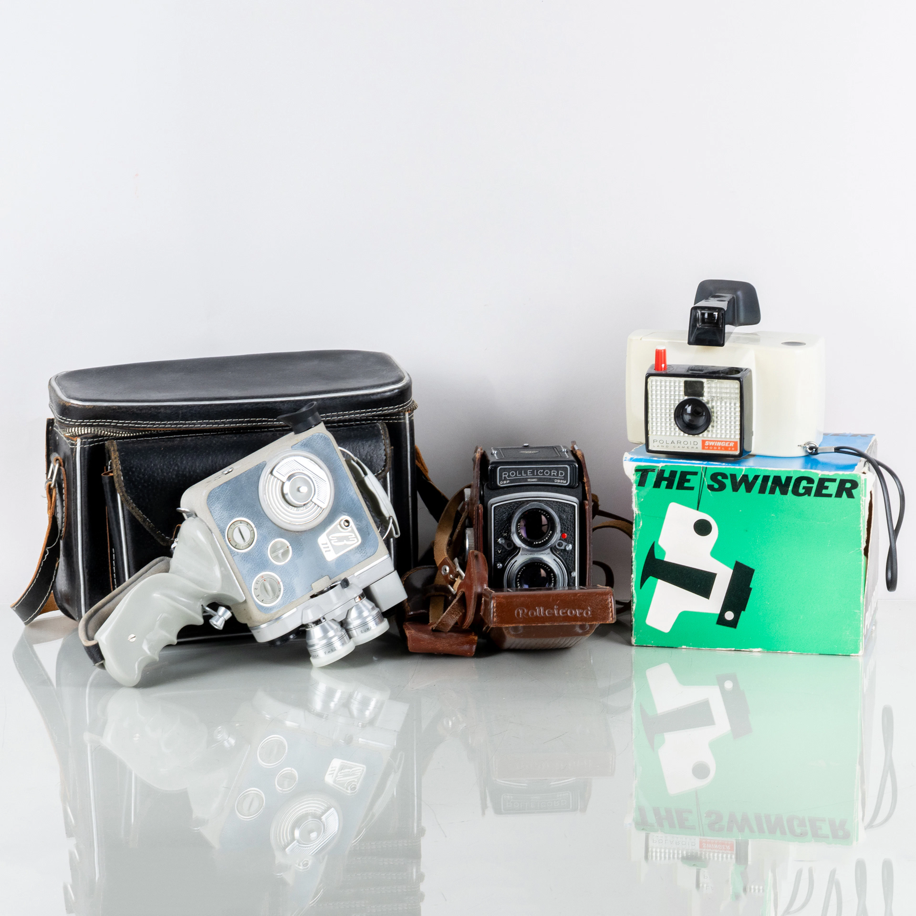 CAMERAS 2 pcs AND FILM CAMERA, Polaroid The Swinger Model 20, Rolleicord
