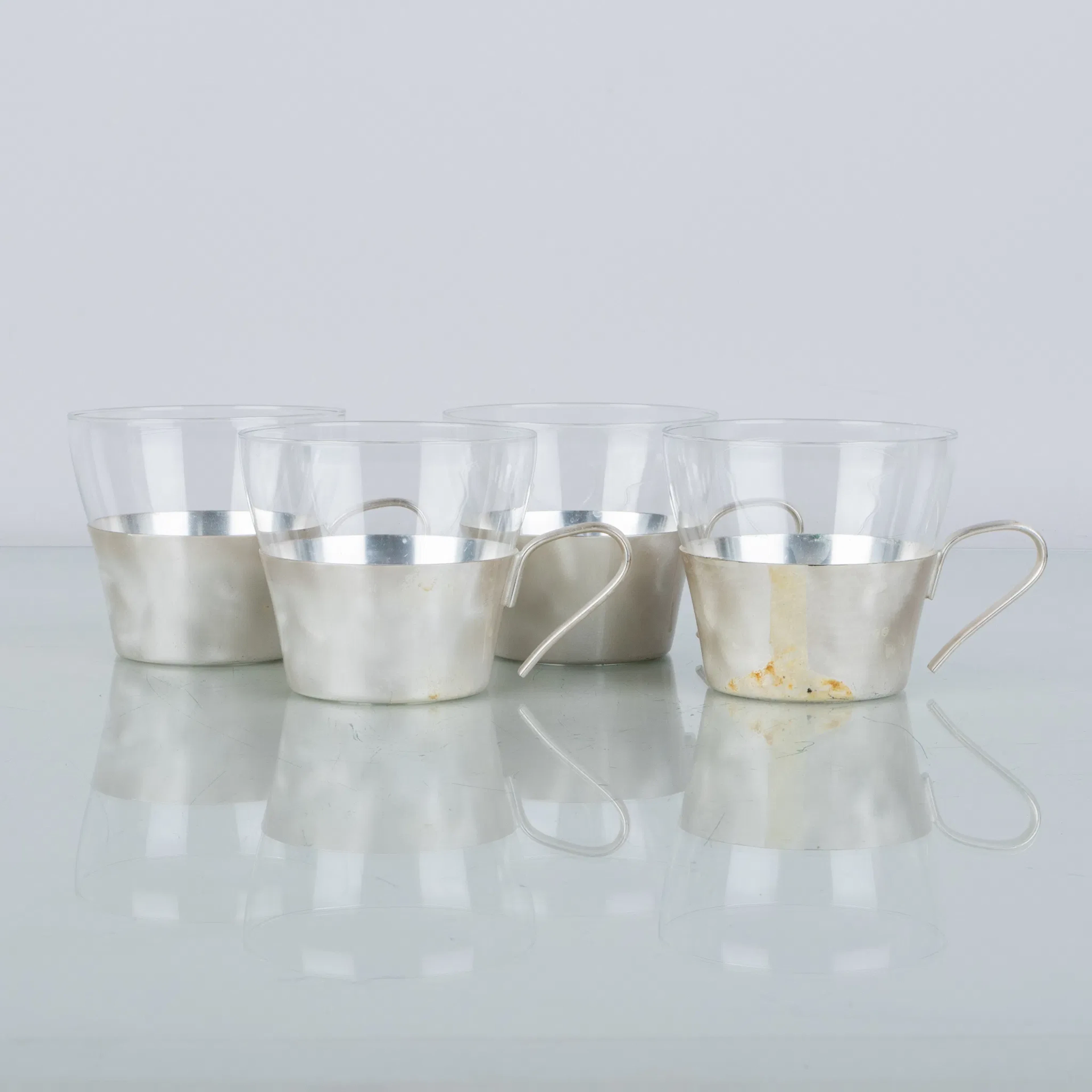 MULLED WINE MUGS, 4 pcs, white metal and glass, WMF (Würtembergische Metallwaren