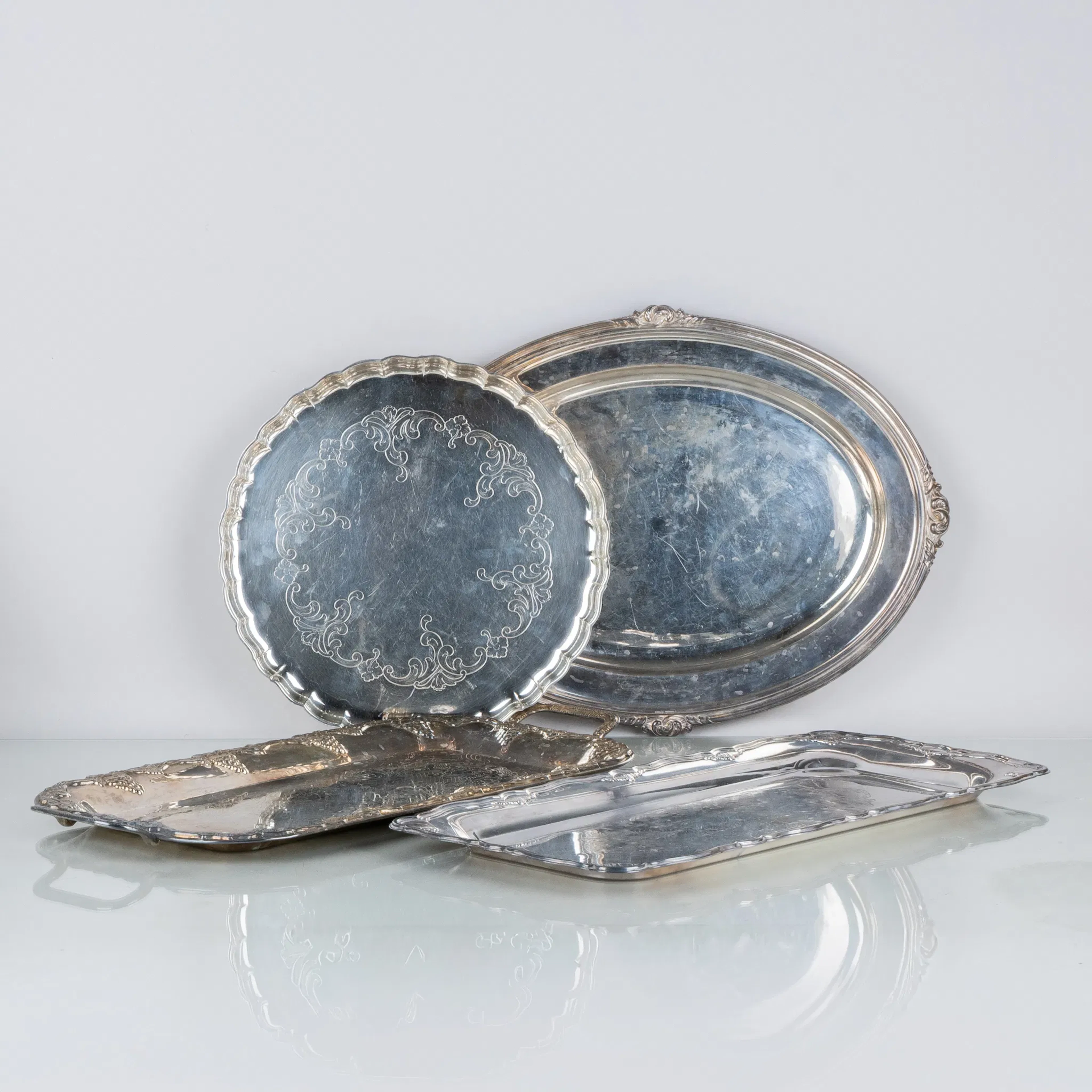 BANDEJAS, 4 piezas, plata níquel, años 1900