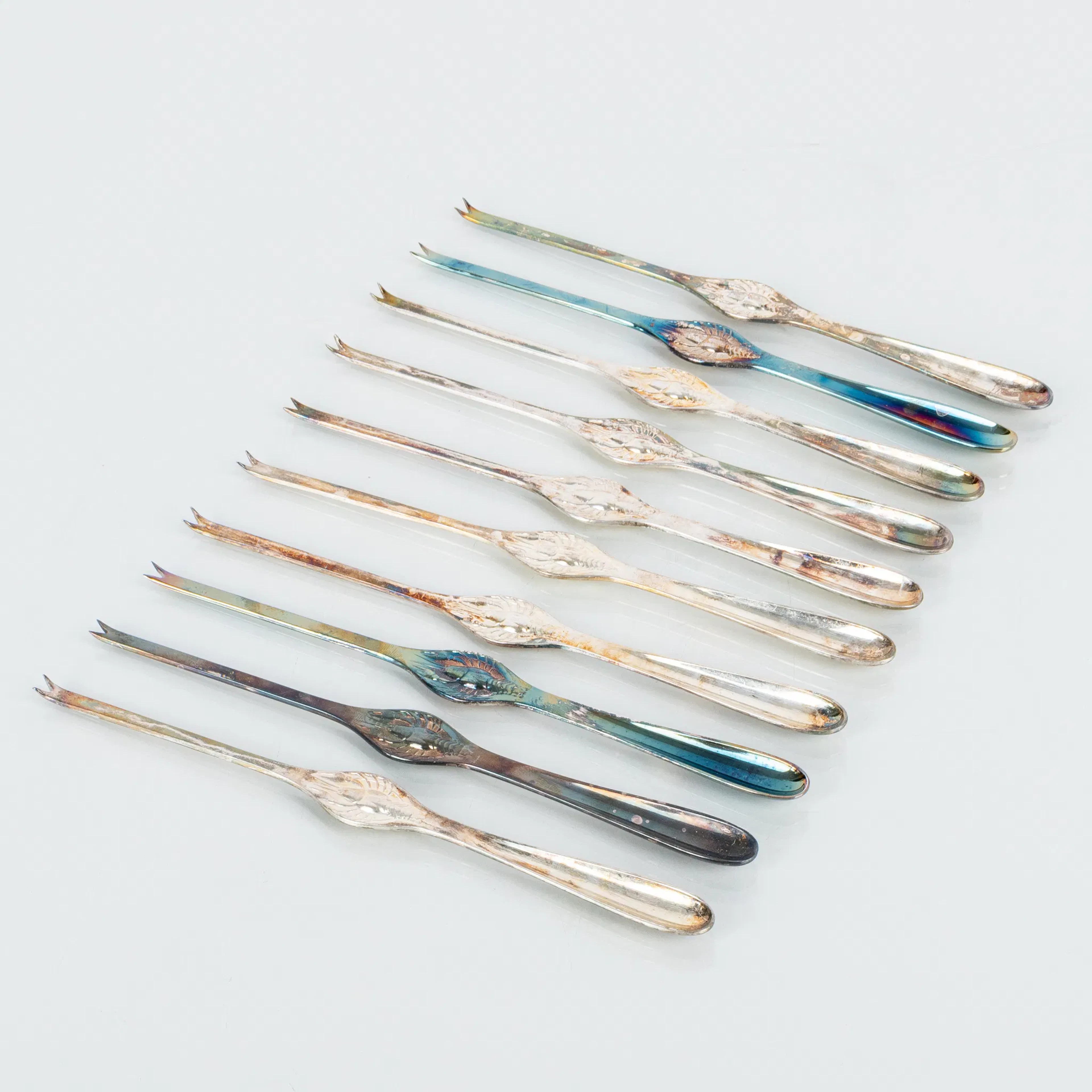 TENEDORES DE LANGOSTA, 10 pcs, plata níquel, segunda mitad del siglo XX