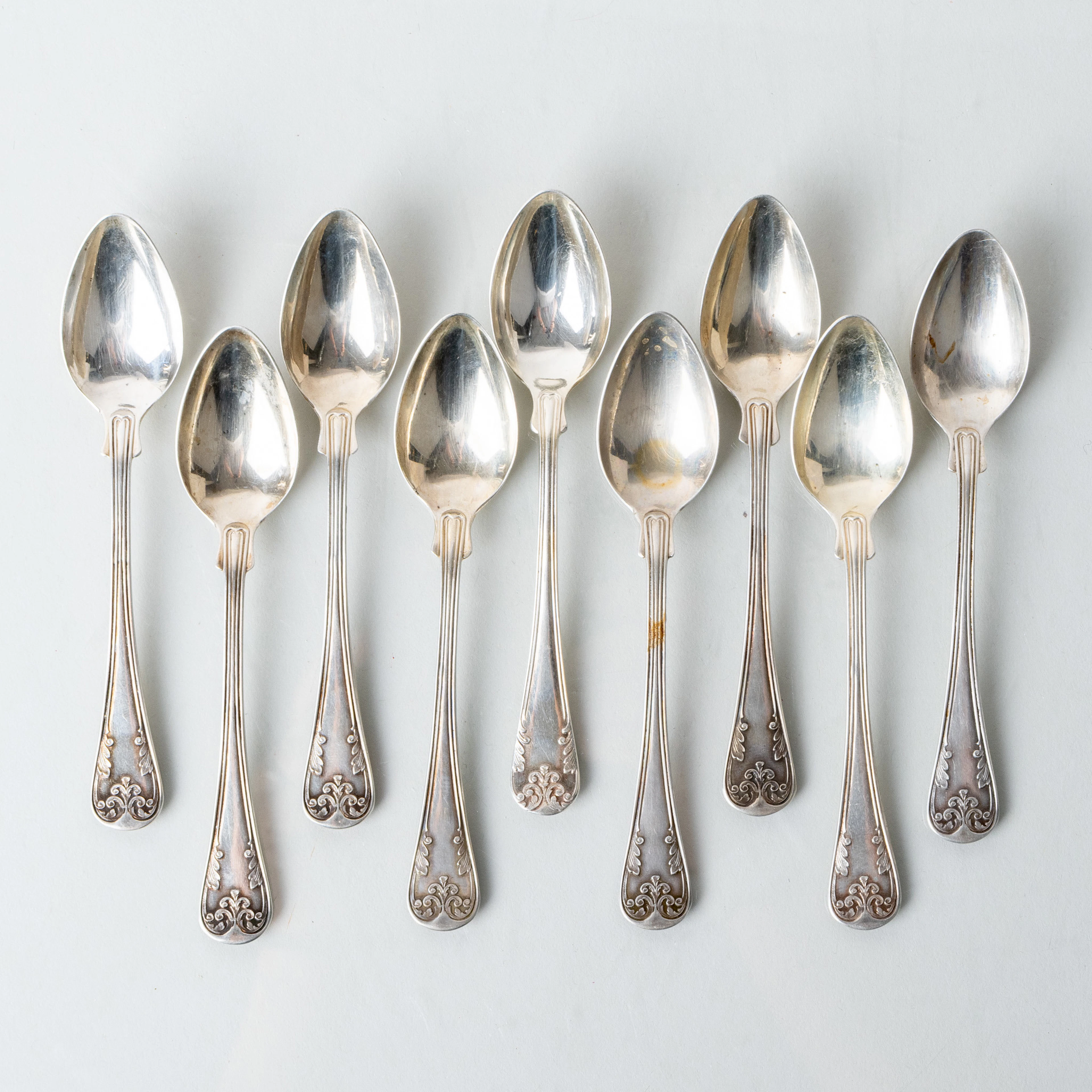 CUCHARAS DE CAFÉ, 9 piezas, plata, "Francés Antiguo", GAB, Estocolmo 1917