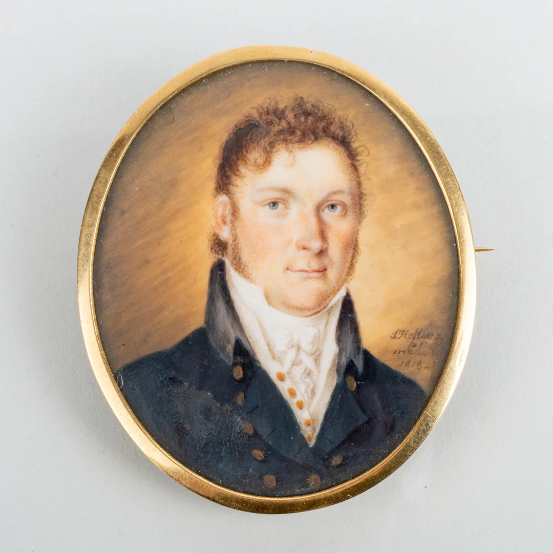 SALOMON HOFLING (1779–1827), Miniaturmalerei auf Brosche, 18-karat-Gold, Empire