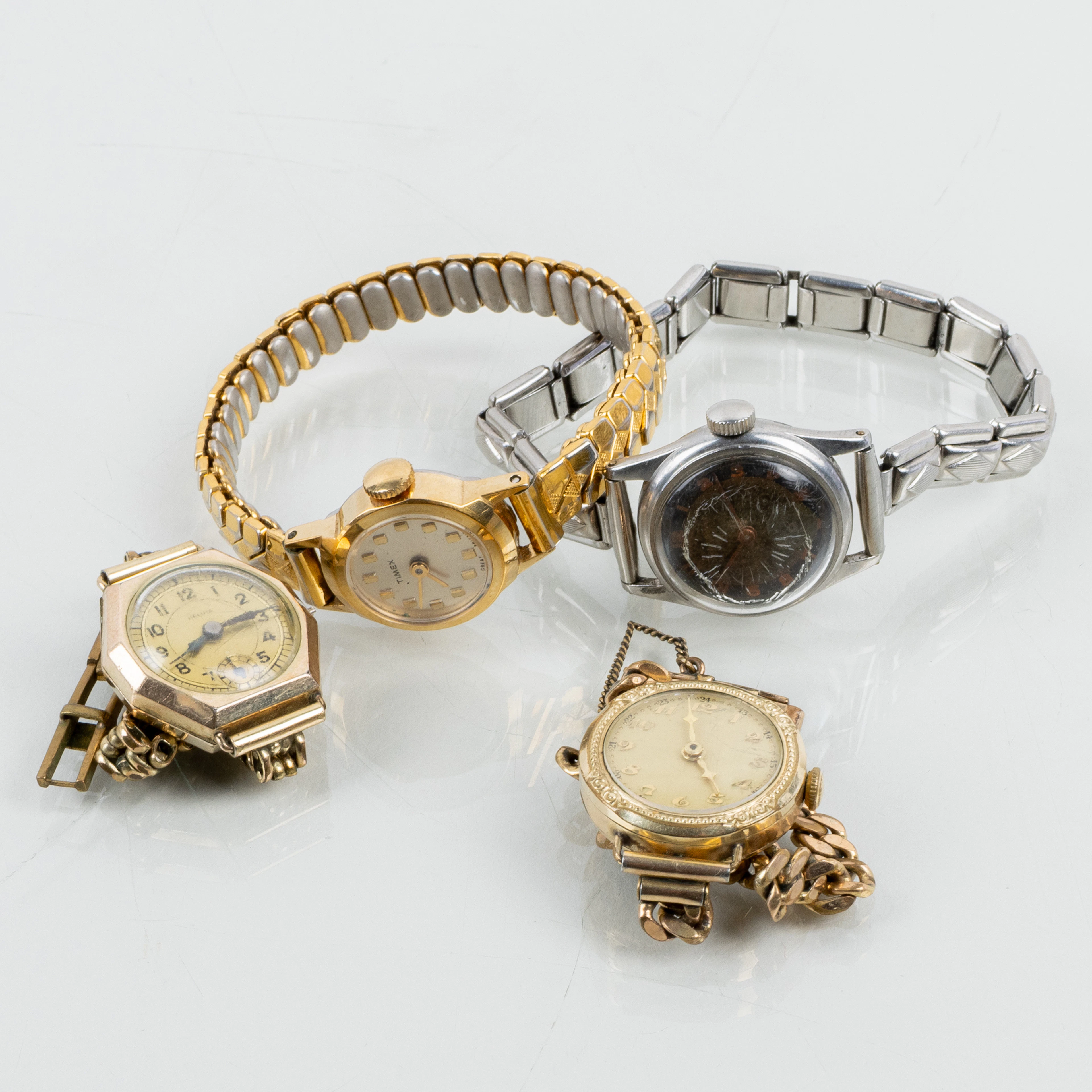 RELOJES de pulsera, 4 piezas, metal amarillo y blanco, Timex azul, Helima, 1900s