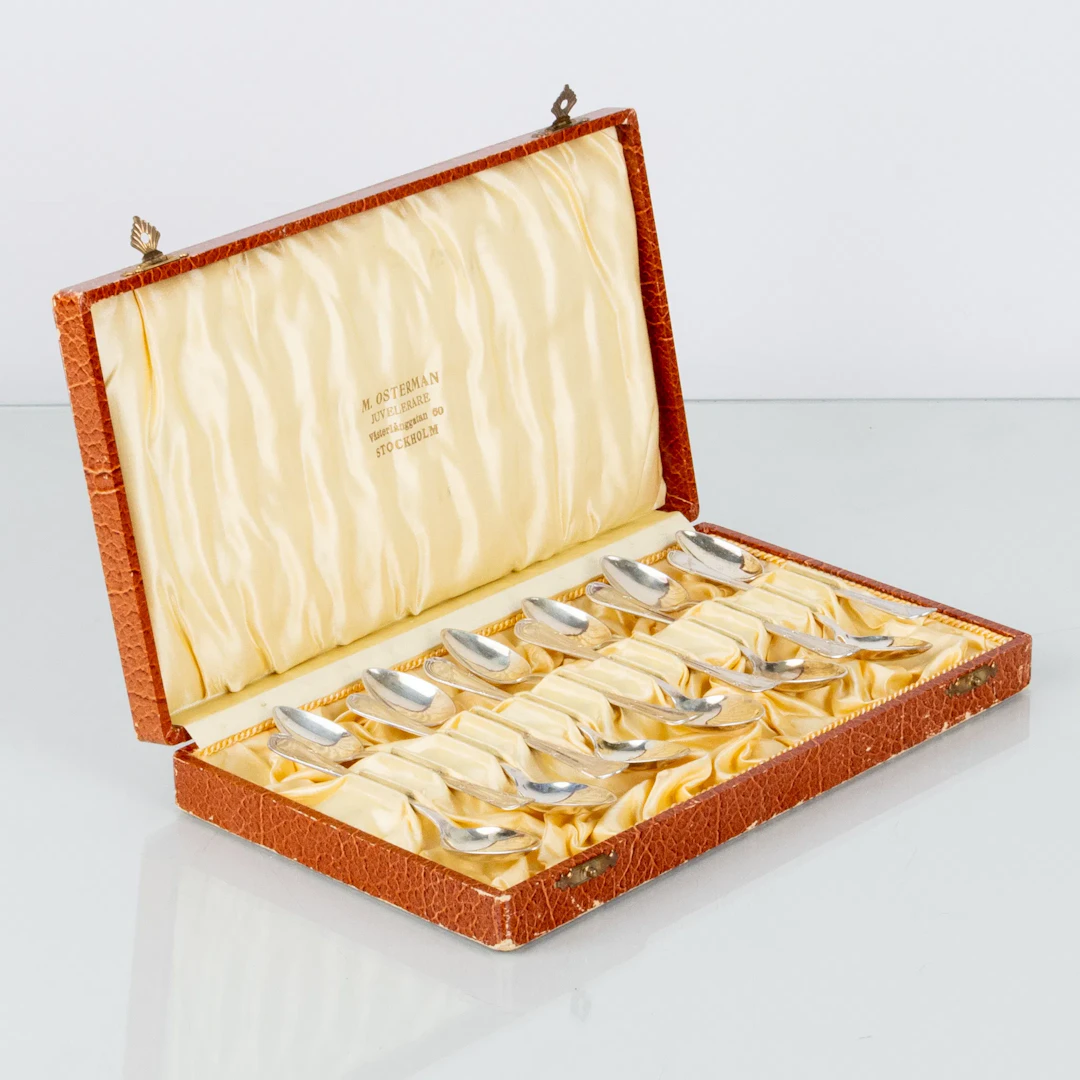 CUCHARAS DE CAFÉ, 12 piezas, plata, CG Hallberg 1926, peso total aprox. 140 g