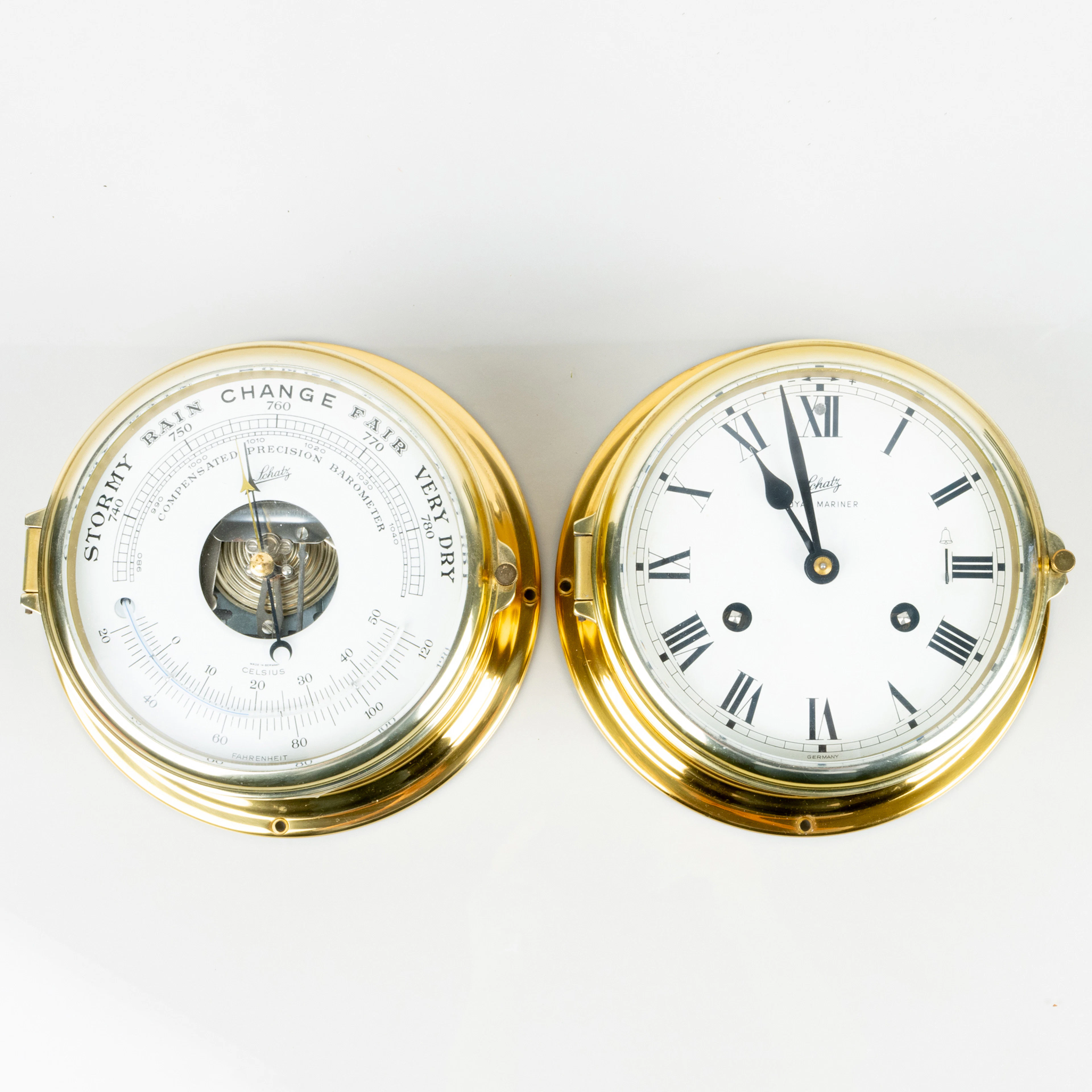 OROLOGIO DA NAVE E BAROMETRO, ottone, Schatz, fine 1900
