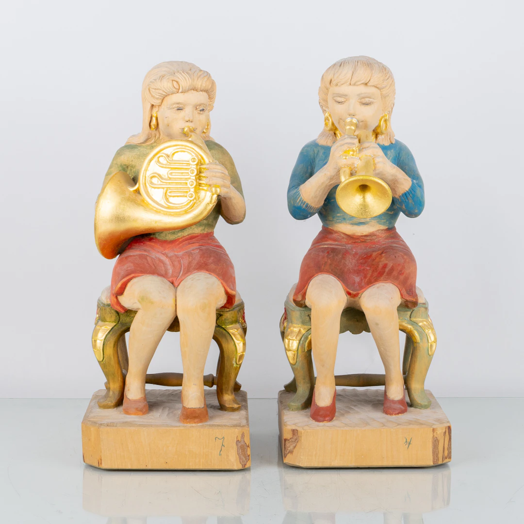 ALLAN HUSS, 2 sculptures, cut and painted wood, signed and