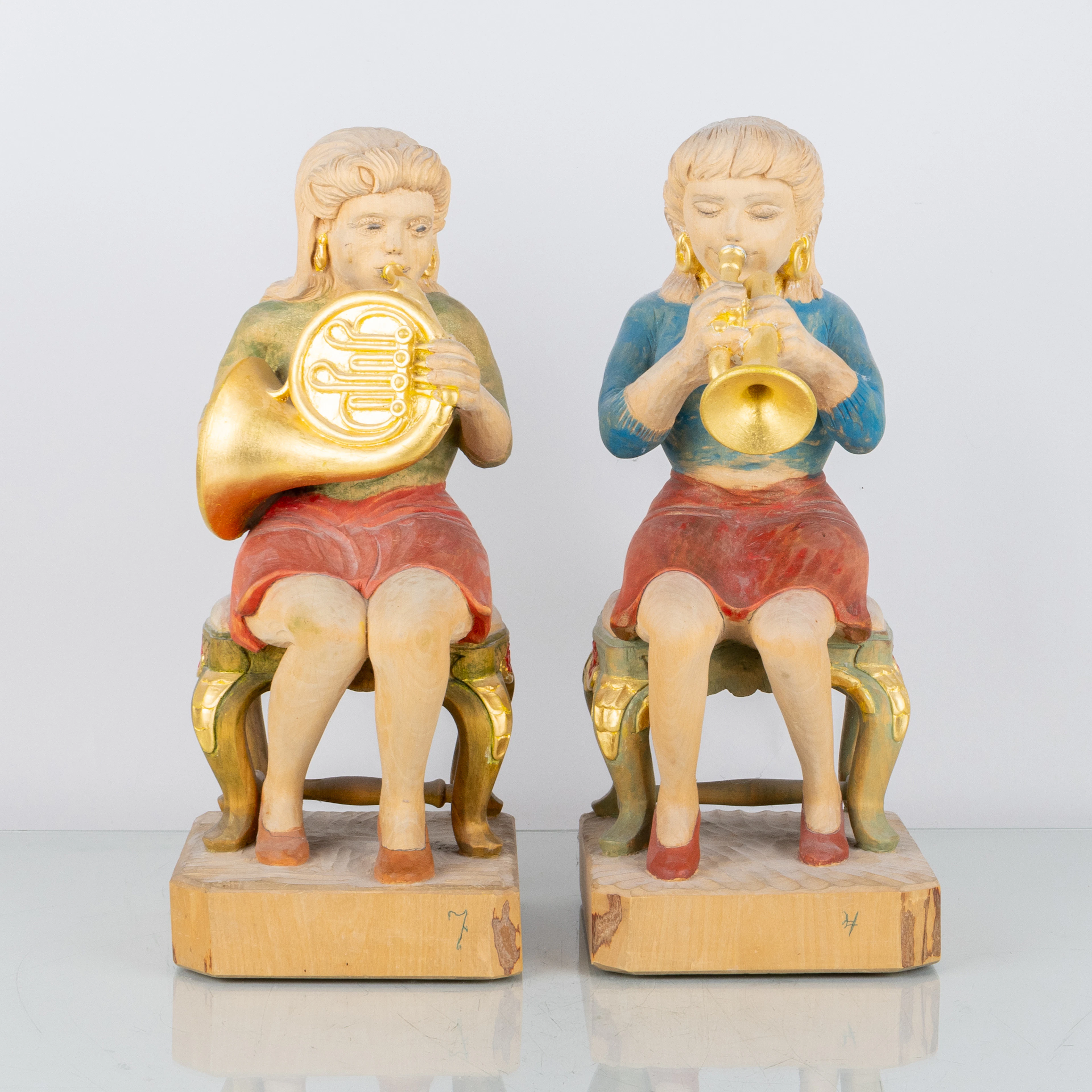 ALLAN HUSS, 2 sculptures, cut and painted wood, signed and