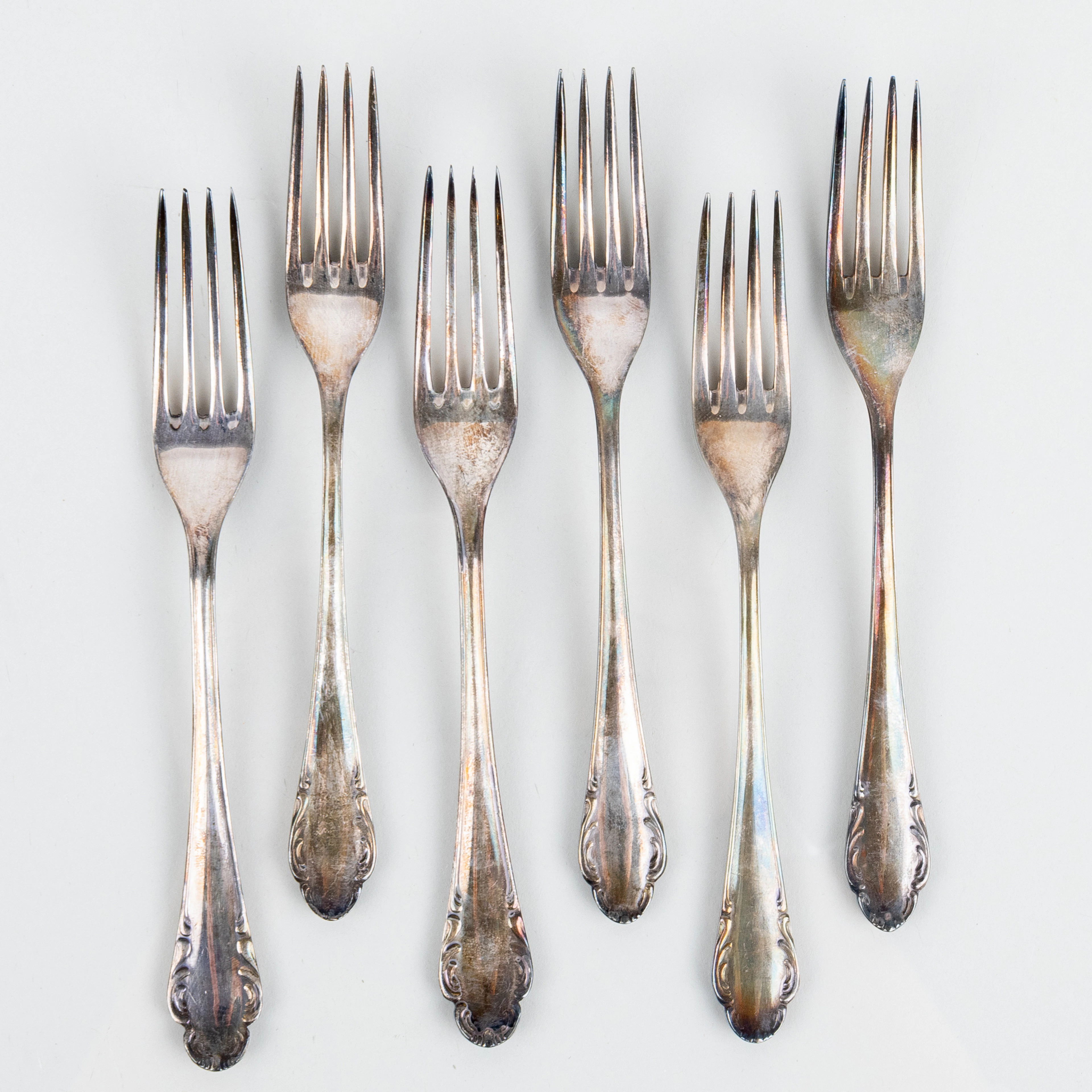 FORCHETTE SANDWICH, 6 pezzi, argento, "Haga", Skandia e JLK, anni 1900
