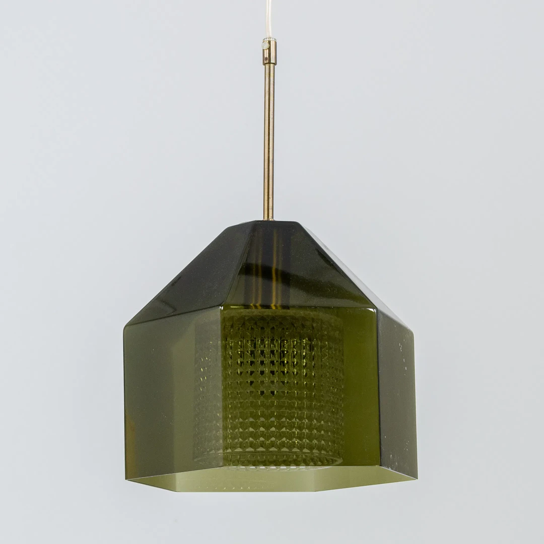 DECKENLAMPE, Glas und Messing, Mitte des 20. Jahrhunderts