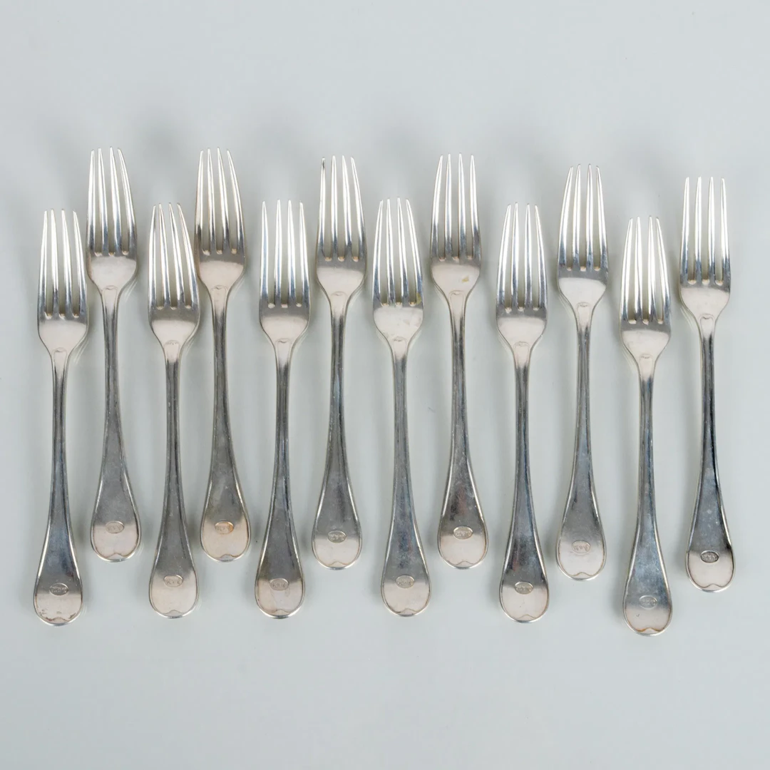 TENEDORES DE MESA, 12 piezas, plata, sellos suecos AA, azul de Estocolmo 1876