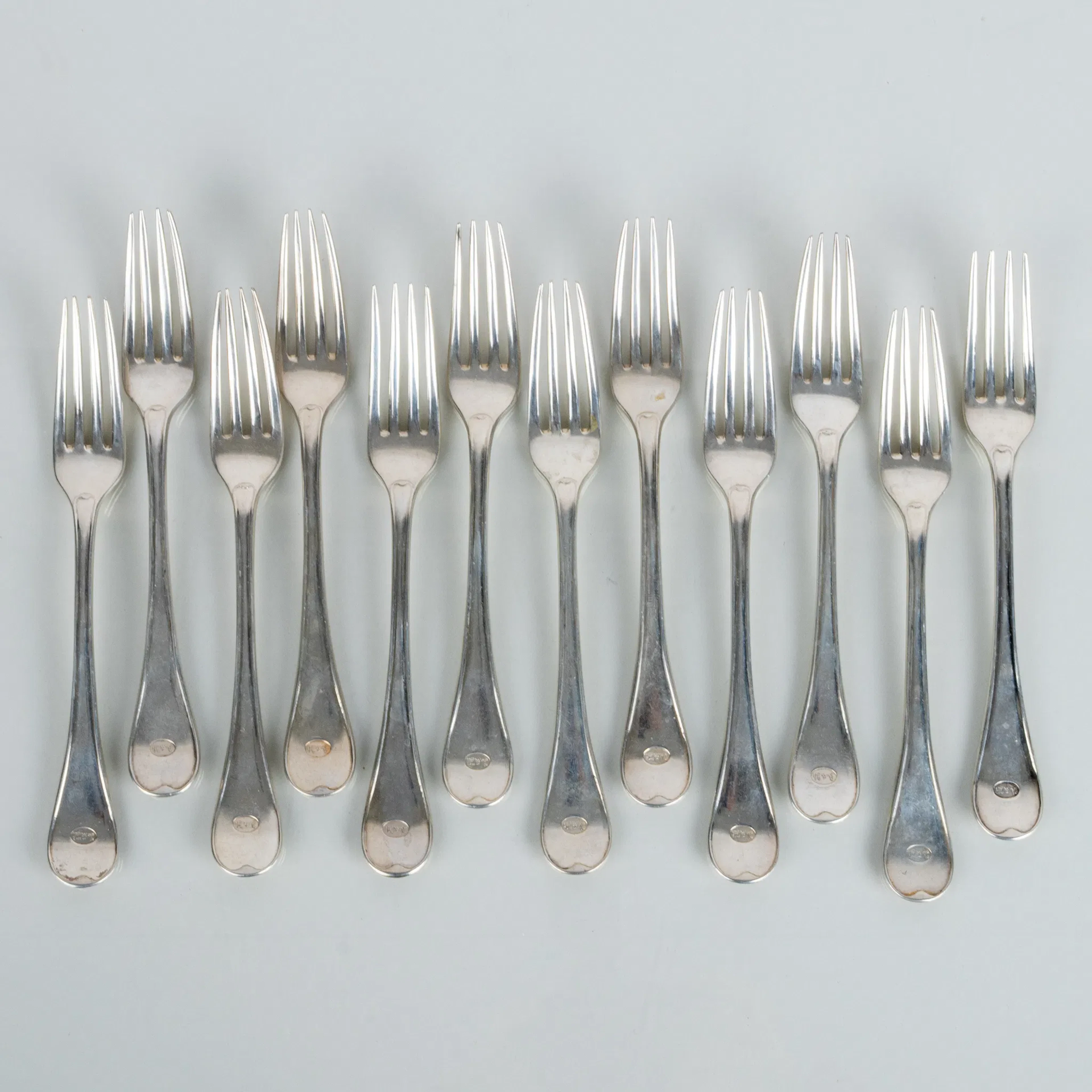 TENEDORES DE MESA, 12 piezas, plata, sellos suecos AA, azul de Estocolmo 1876