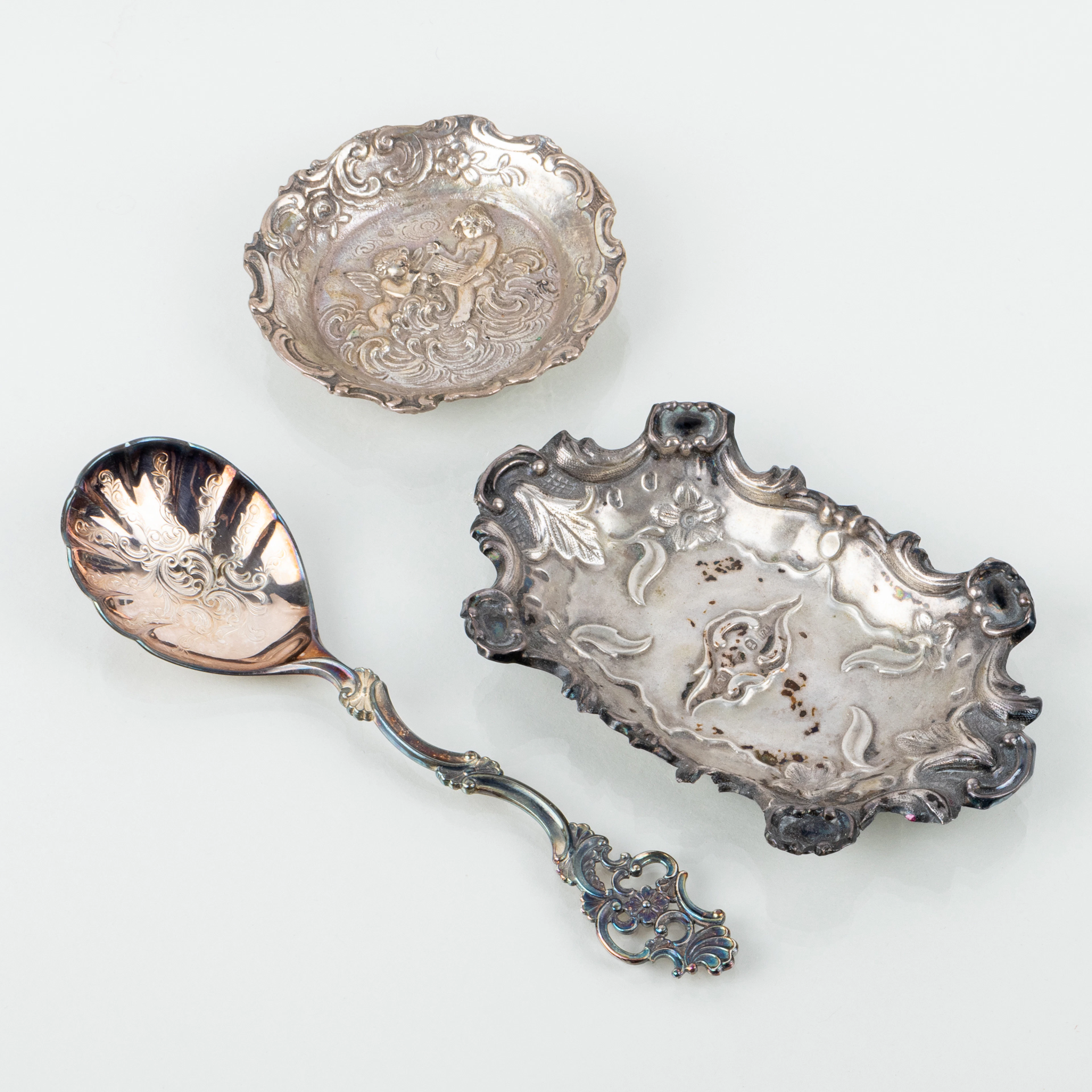 PIATTO E CUCCHIAIO, 3 parti, argento, blu del 1800