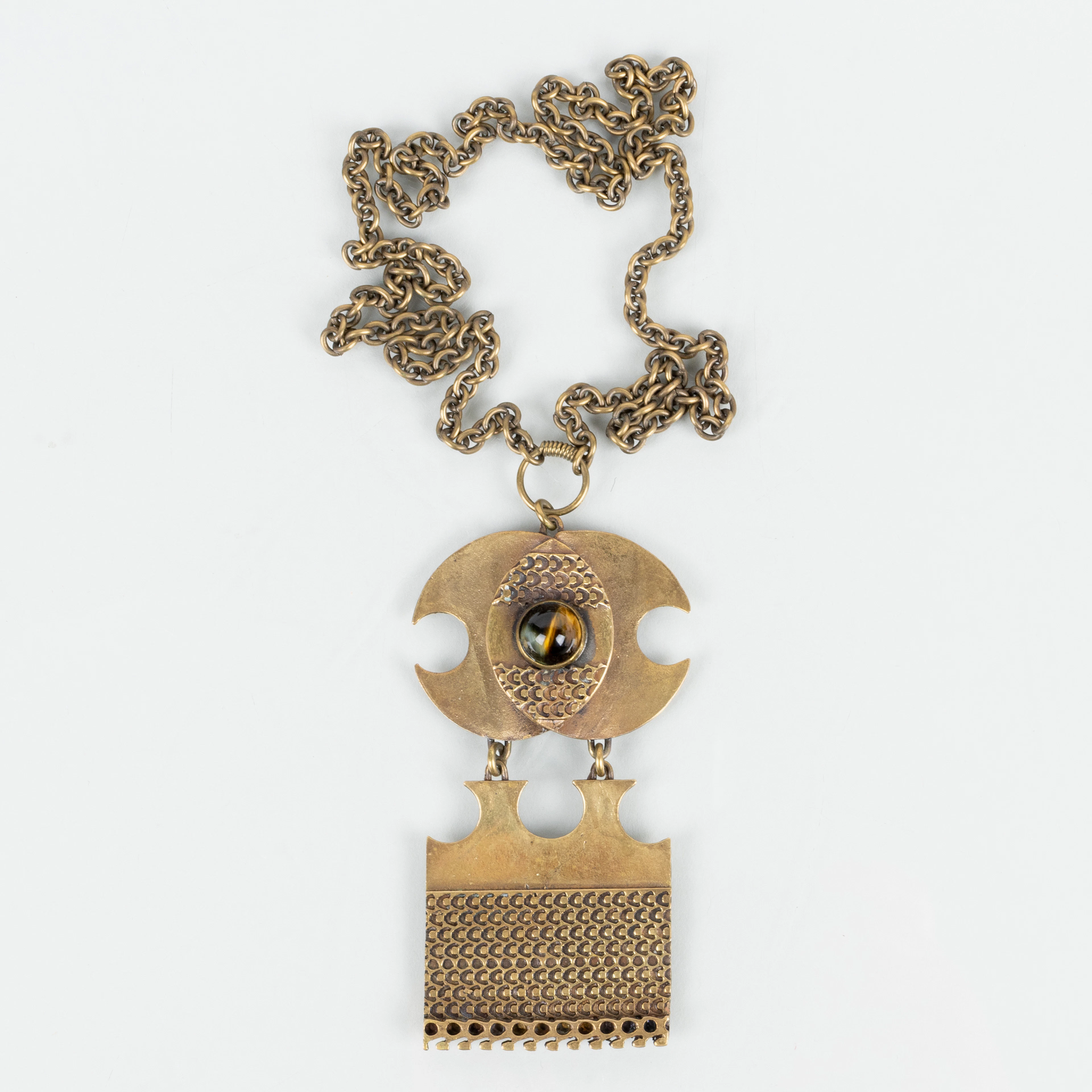 COLLAR CON COLGANTE, bronce con ojo de tigre, Kalevala Koru, Finlandia, años 70