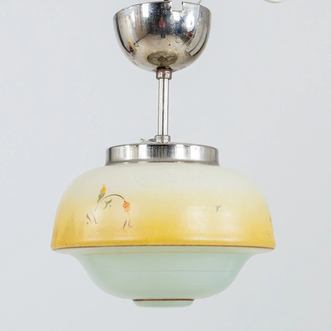 DECKENLAMPE, Glas und verchromtes Metall, 1930er/40er Jahre