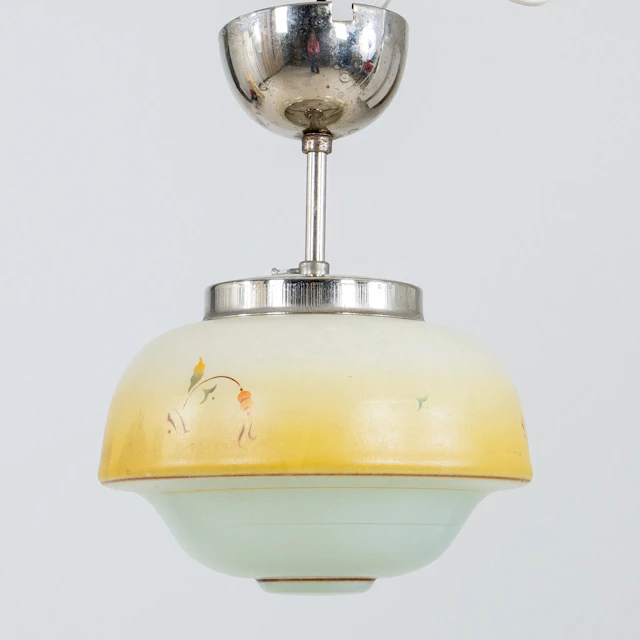 DECKENLAMPE, Glas und verchromtes Metall, 1930er/40er Jahre