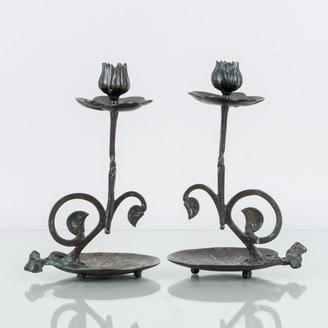 CANDLESTICKS, 1 pair, patinated metal, Art Nouveau, early 1900s