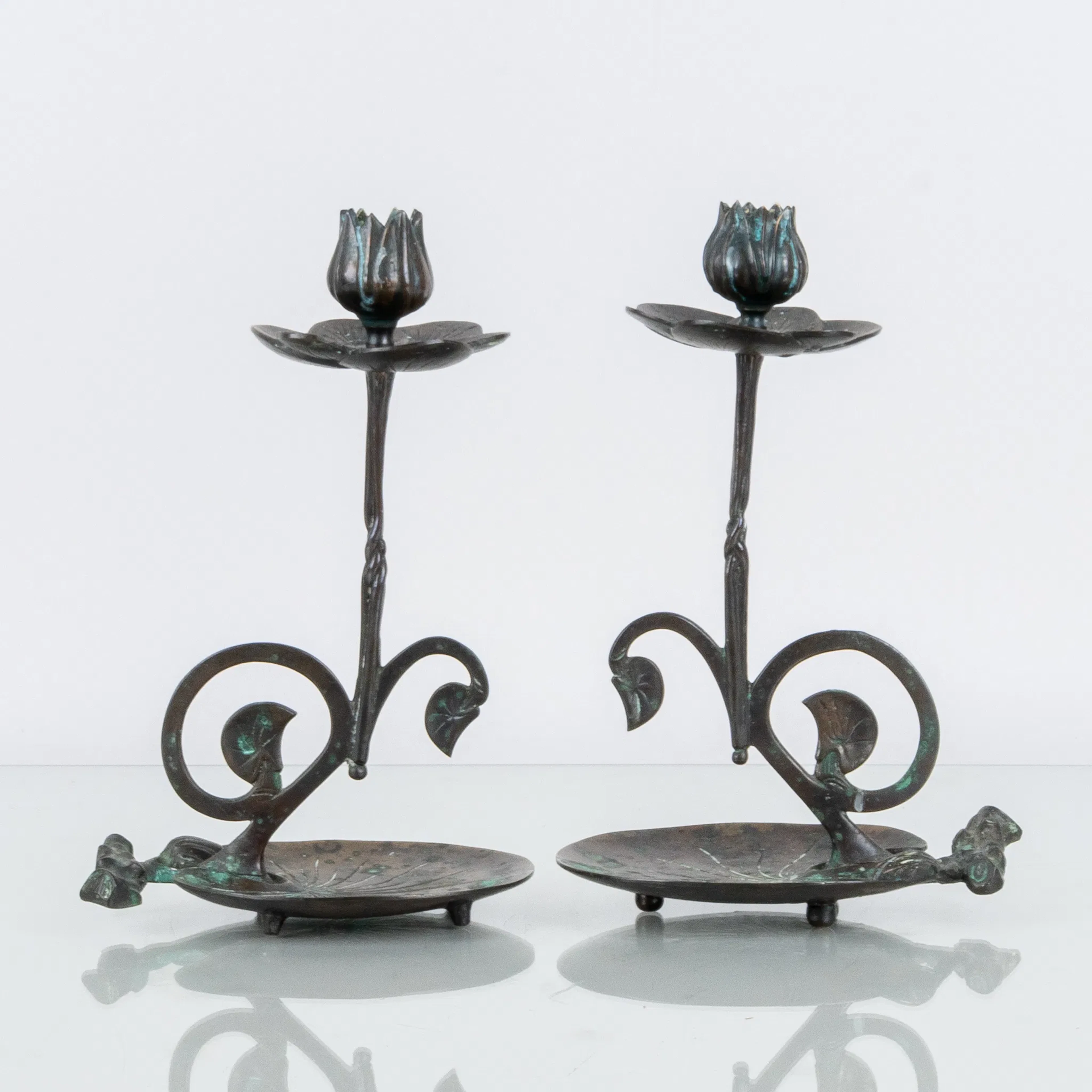 CANDLESTICKS, 1 pair, patinated metal, Art Nouveau, early 1900s