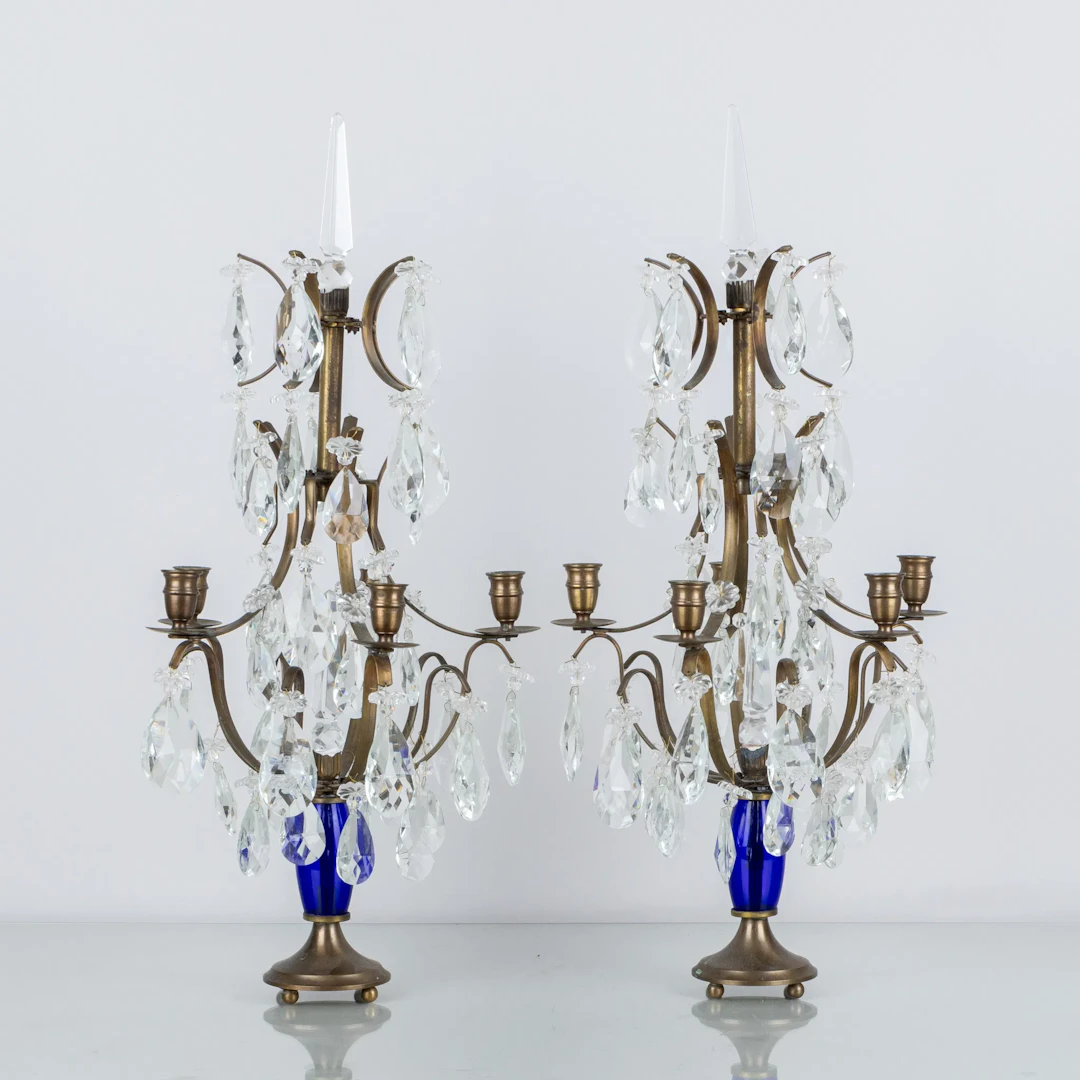 TABLE LUSTERS, 1 pair, brass and glass, 1900s