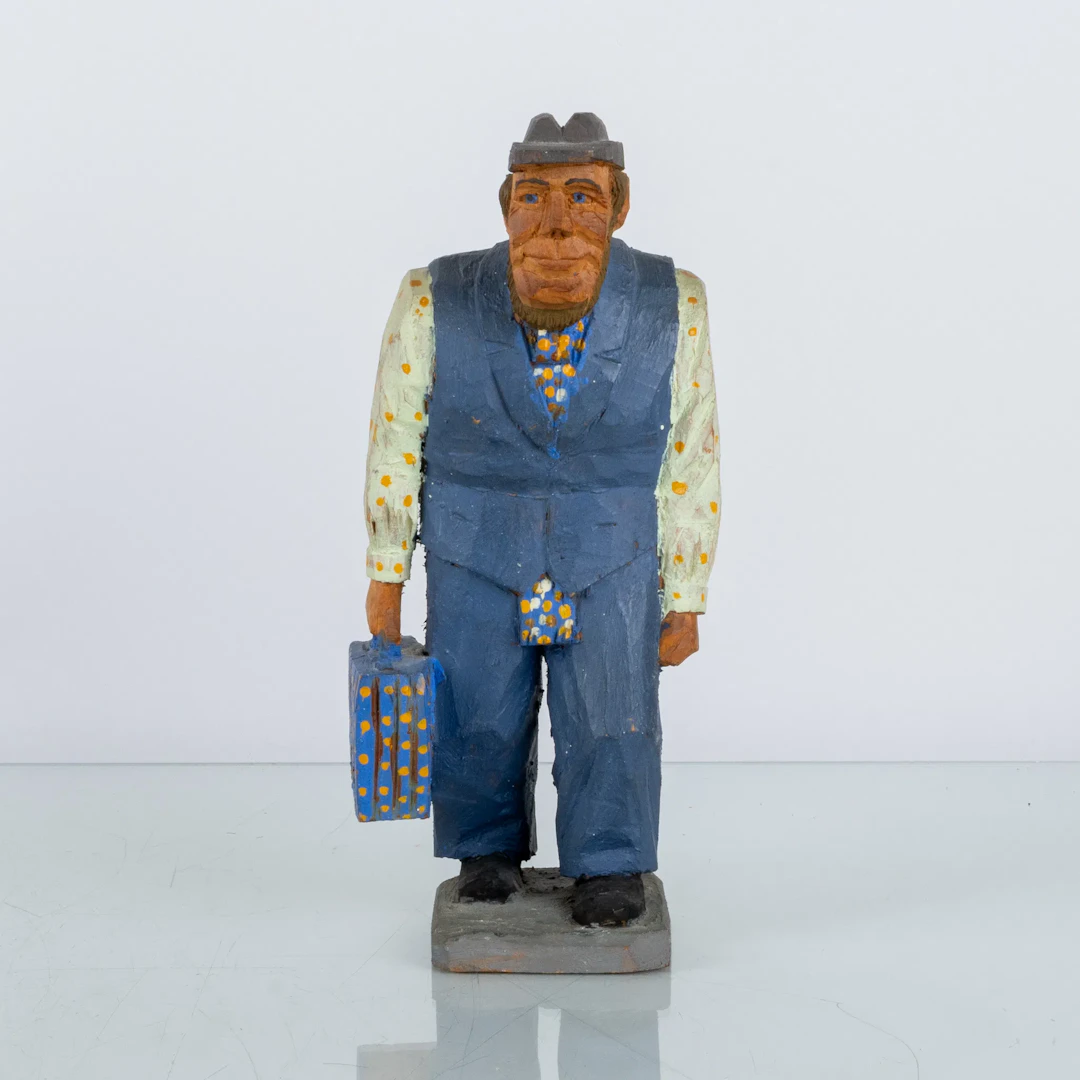 FIGURE, cut and painted wood, monogrammed signed VF