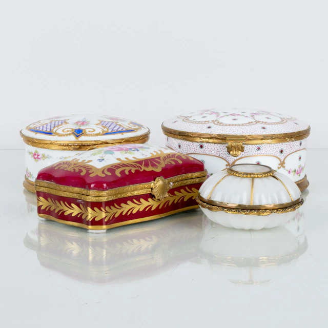 CANS, 4 pcs, porcelain and glass, including Sèvres-like mark, 1800s/1900s