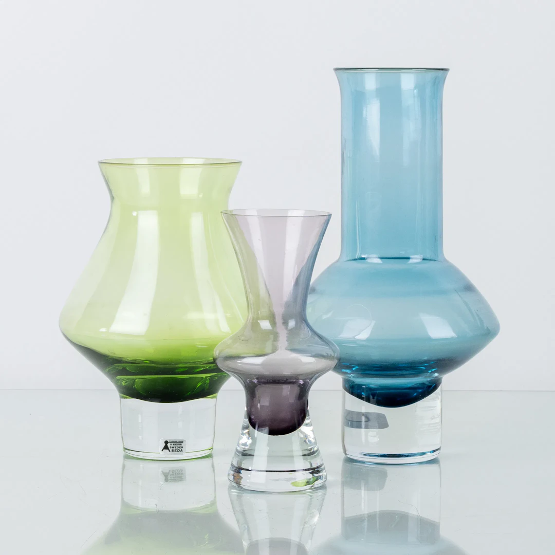 VASES, 3 pcs, glass, mid-1900s