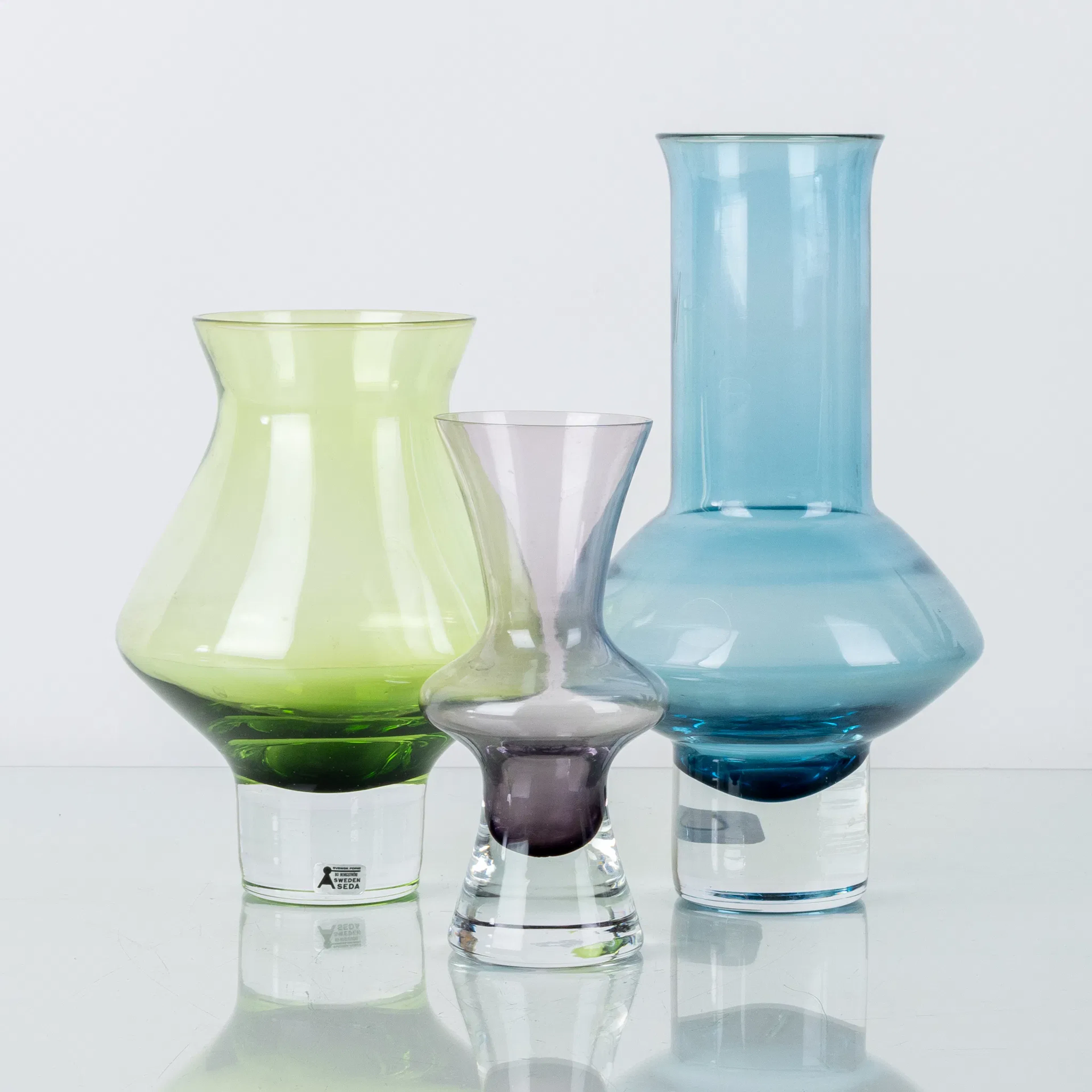 VASES, 3 pcs, glass, mid-1900s