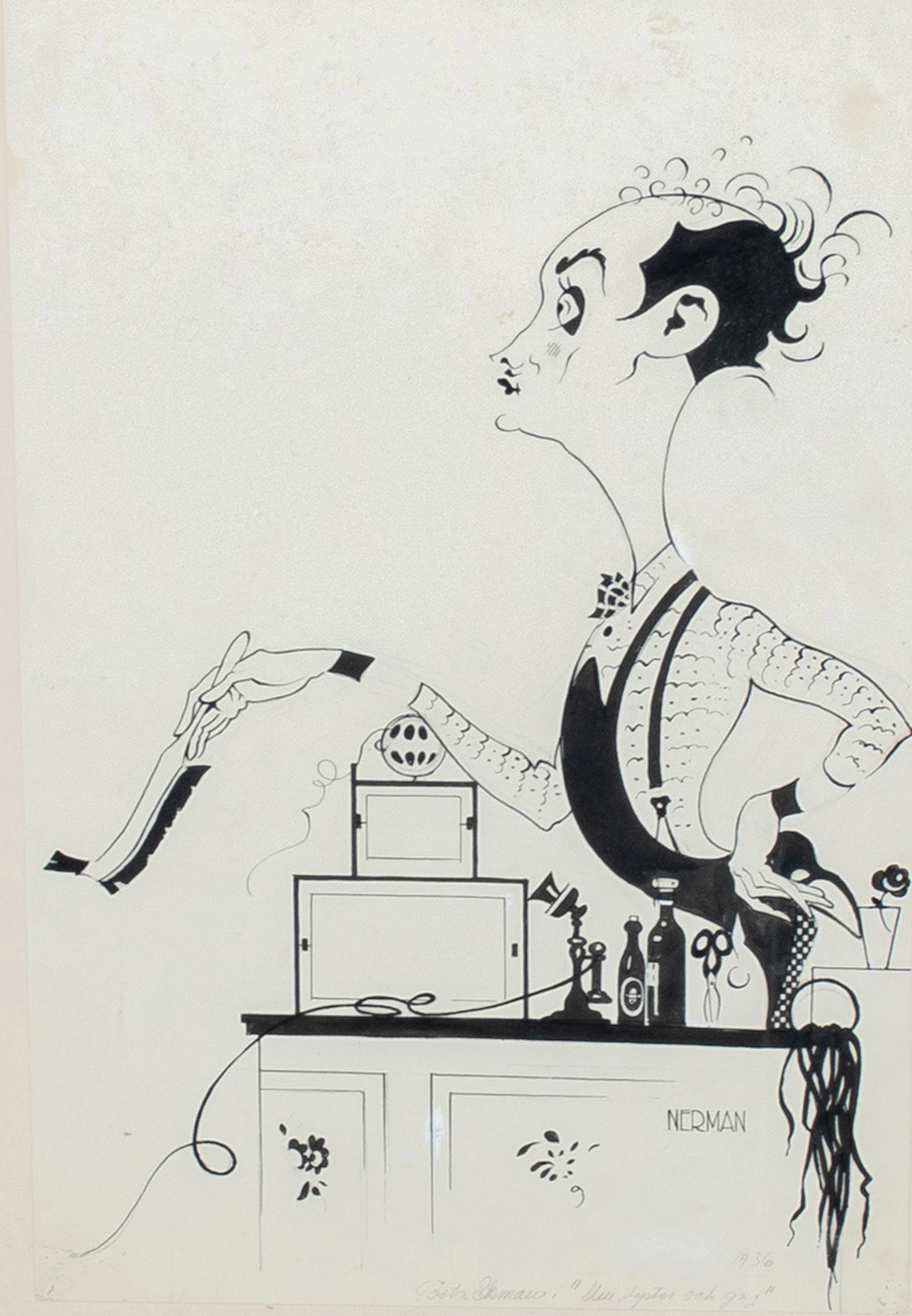 EINAR NERMAN (1888-1983), disegno a inchiostro, caricatura di Gösta Ekman