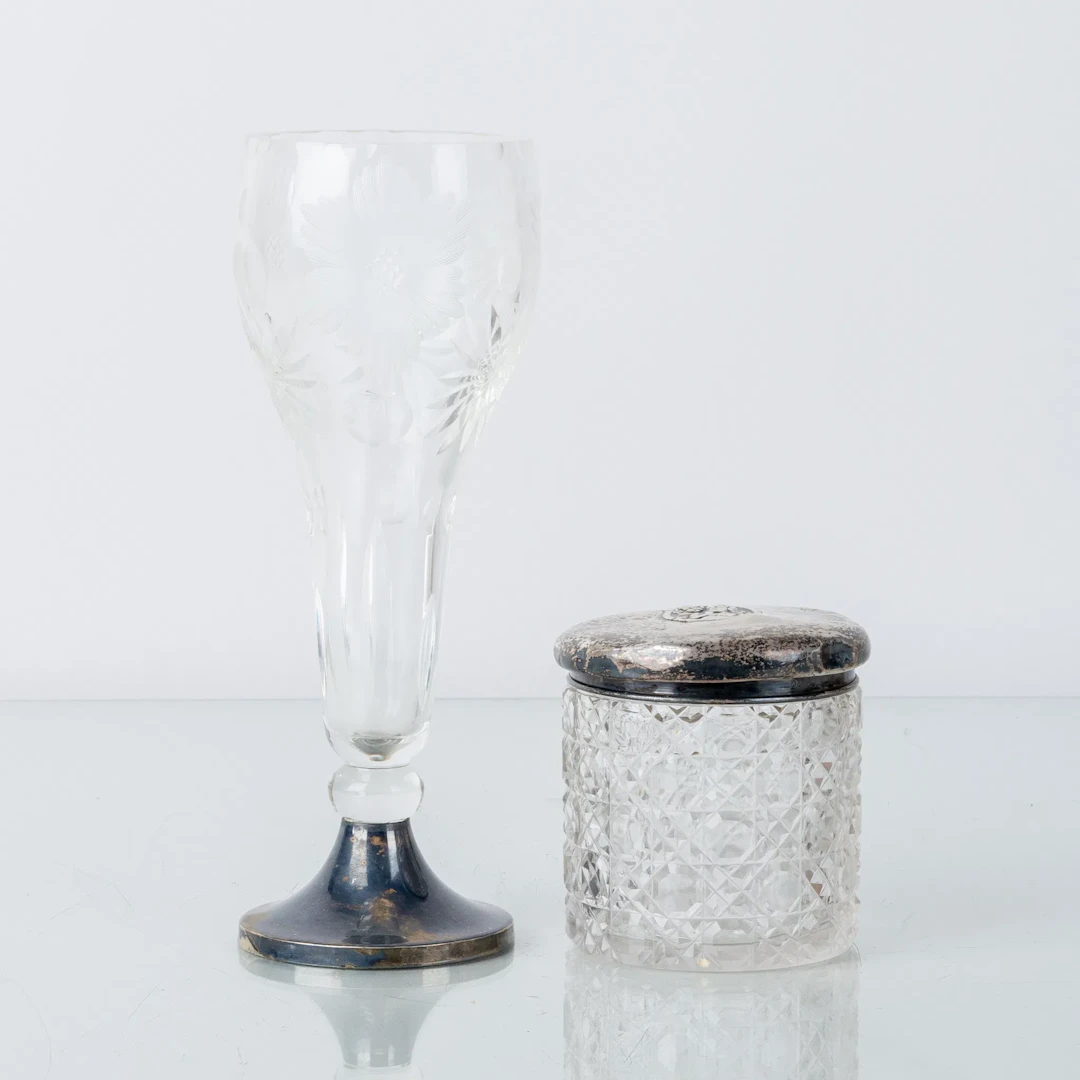 VASE AND ASH, silver and glass, the first half of the 20th century