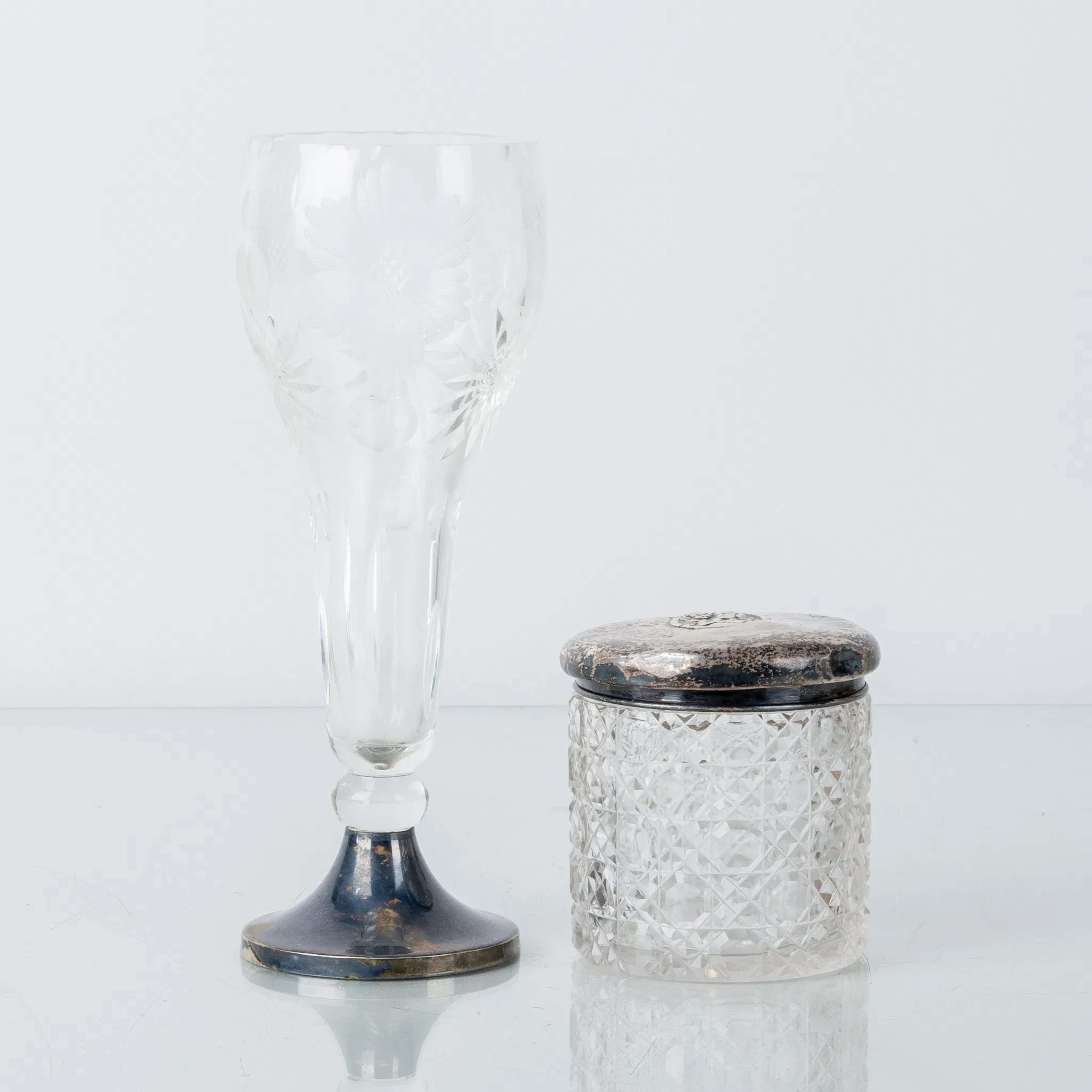 VASE AND ASH, silver and glass, the first half of the 20th century