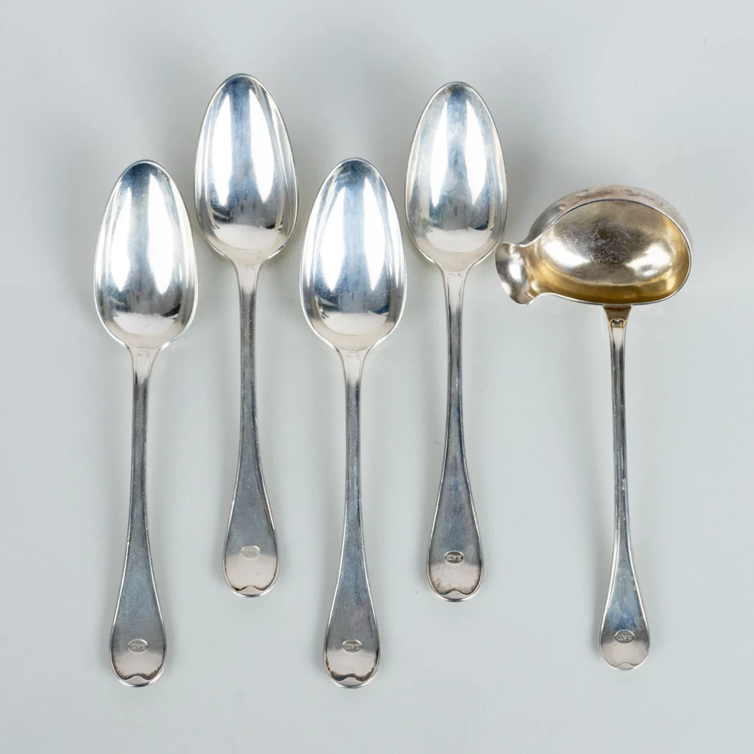 TABLESPOONS AND SOUP LADLE, 5 parts, silver, Swedish stamps AA, Stockholm