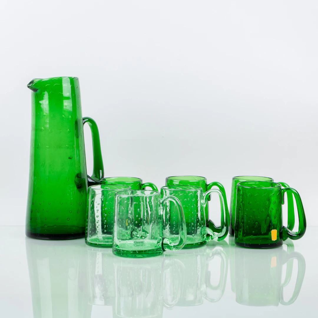 Picked up - BENGT ORUP, 7 beer jugs and carafe, glass, "Oxygene", Johansfors