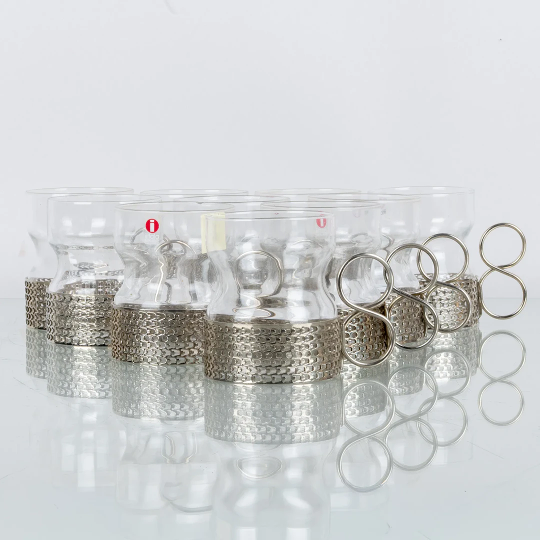 TIMO SARPANEVA, 10 glasses with holders, "Tsaikka", Iittala, Finland