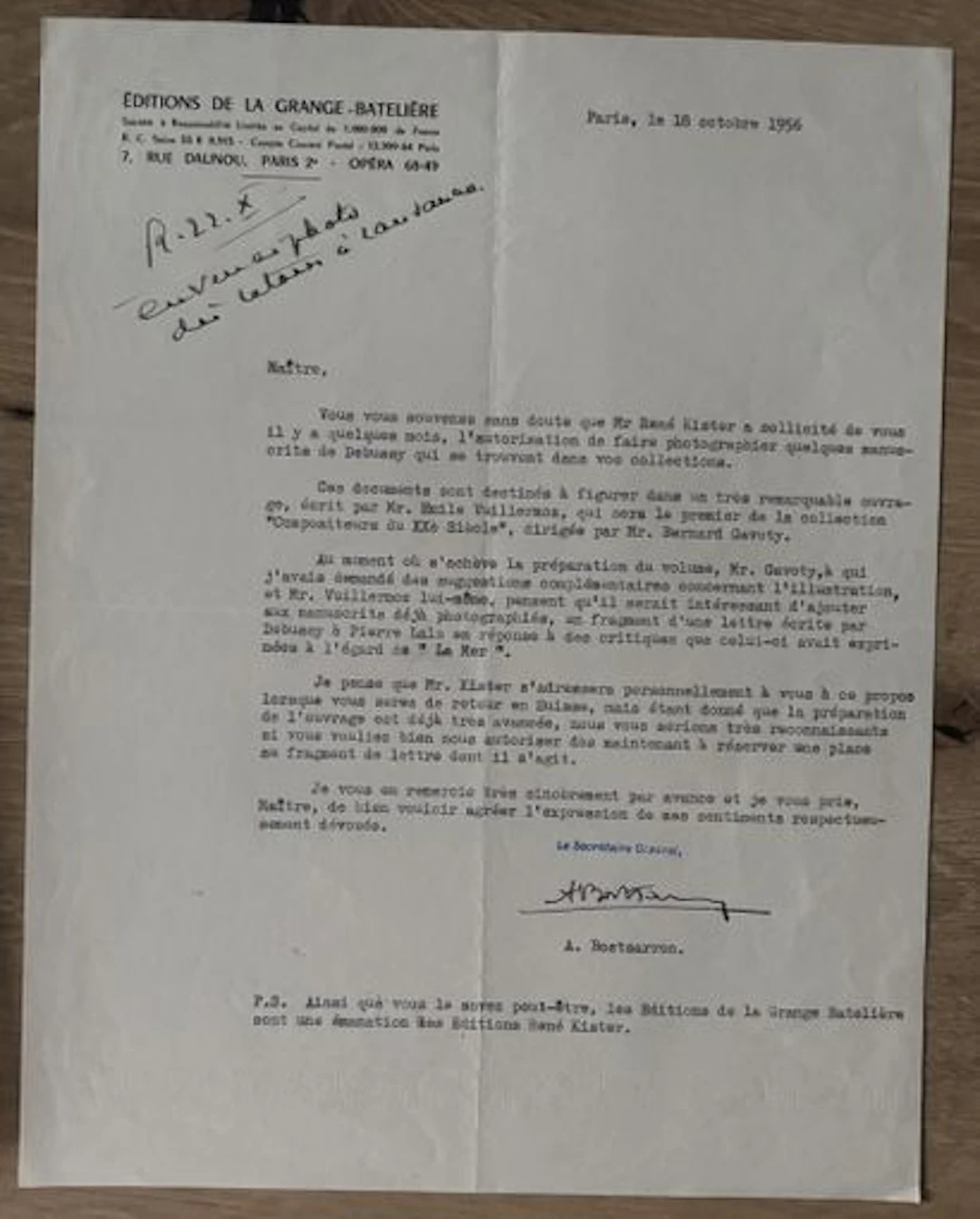BOSTSARRON (A.). Secretary General of Éditions de la Grange- - Lot 15
