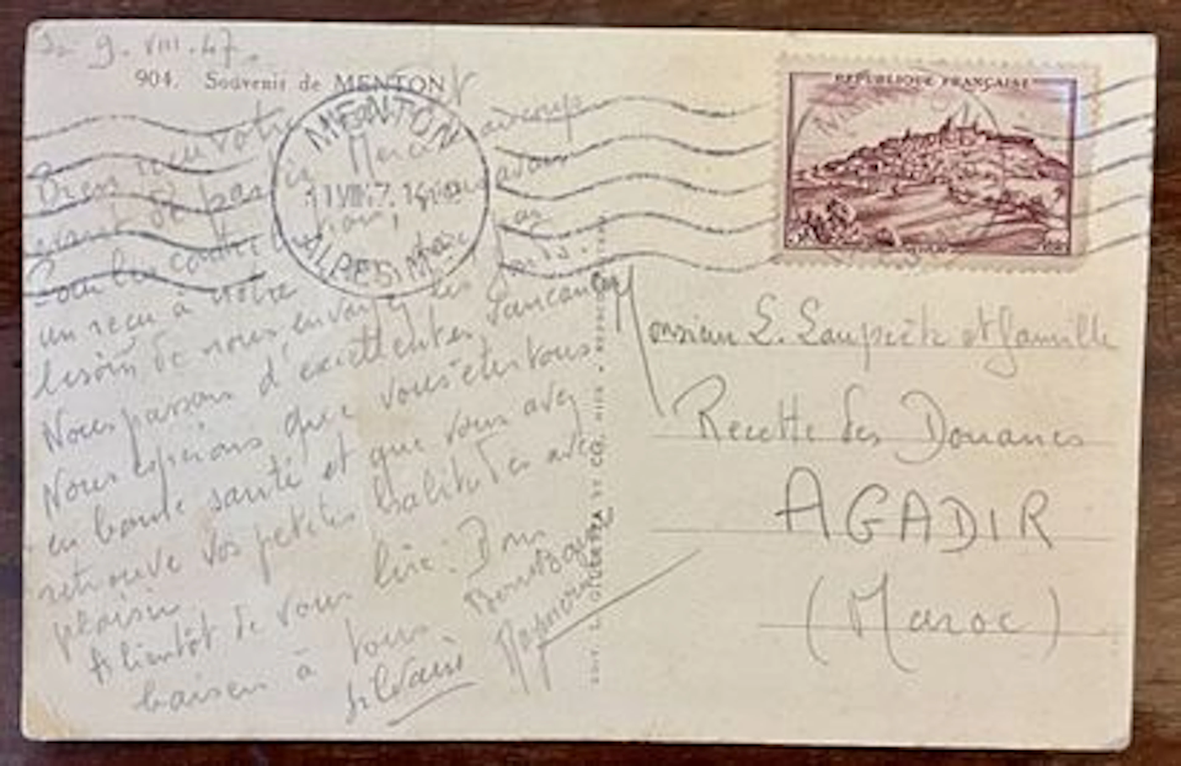 FRANCE / MAROC — CARTE POSTALE MENTON / VÉZELAY — 1947 - Lot 23