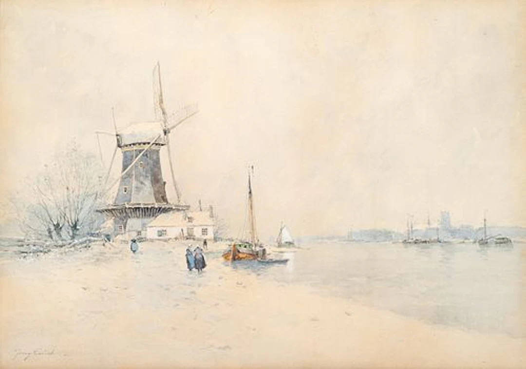 Johan Barthold Jongkind - Windmill Near a River with Figures In the Snow