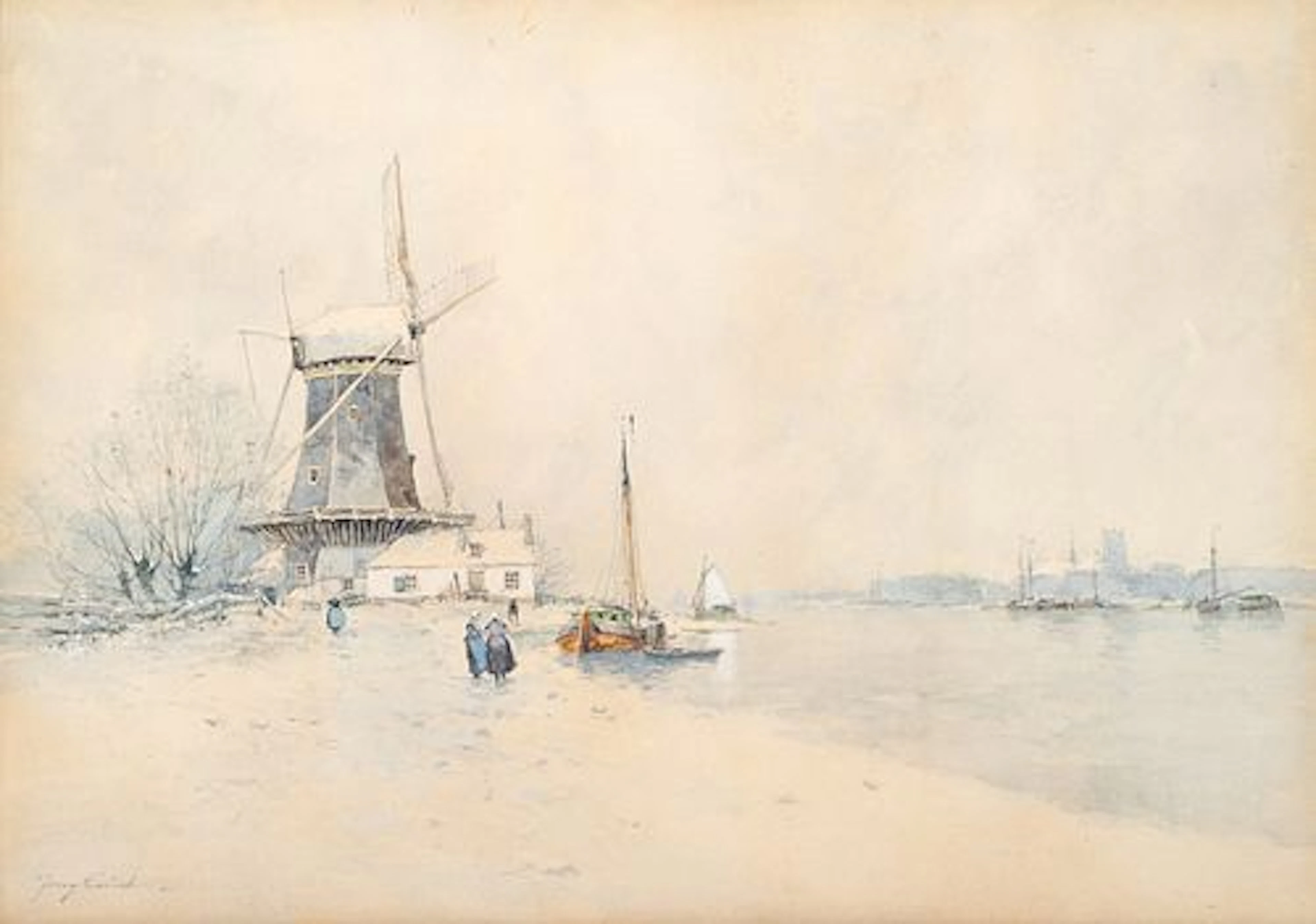 Johan Barthold Jongkind - Windmill Near a River with Figures In the Snow