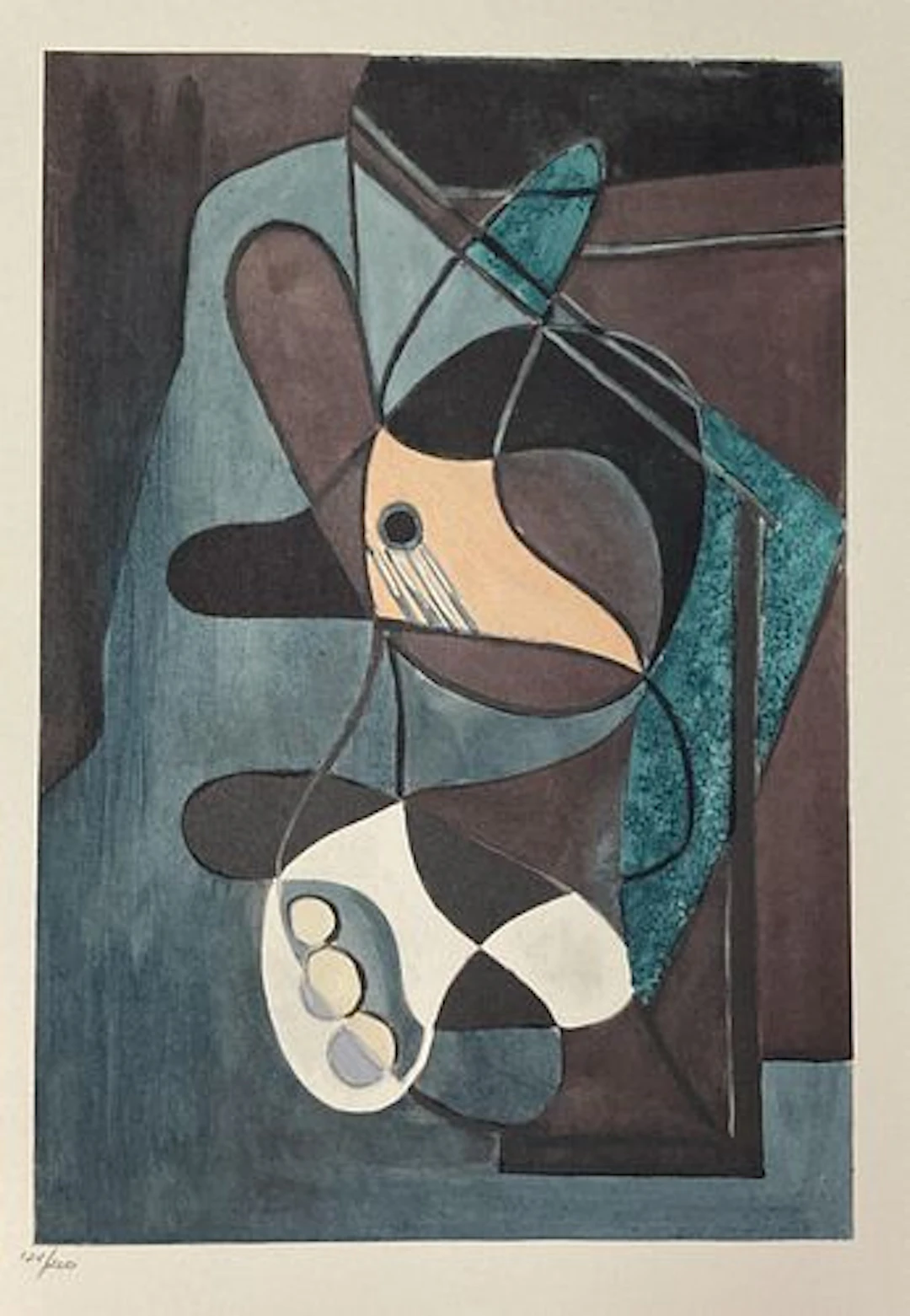 Pablo Picasso (After) - Fruttiera E Chitarra Su Fondo