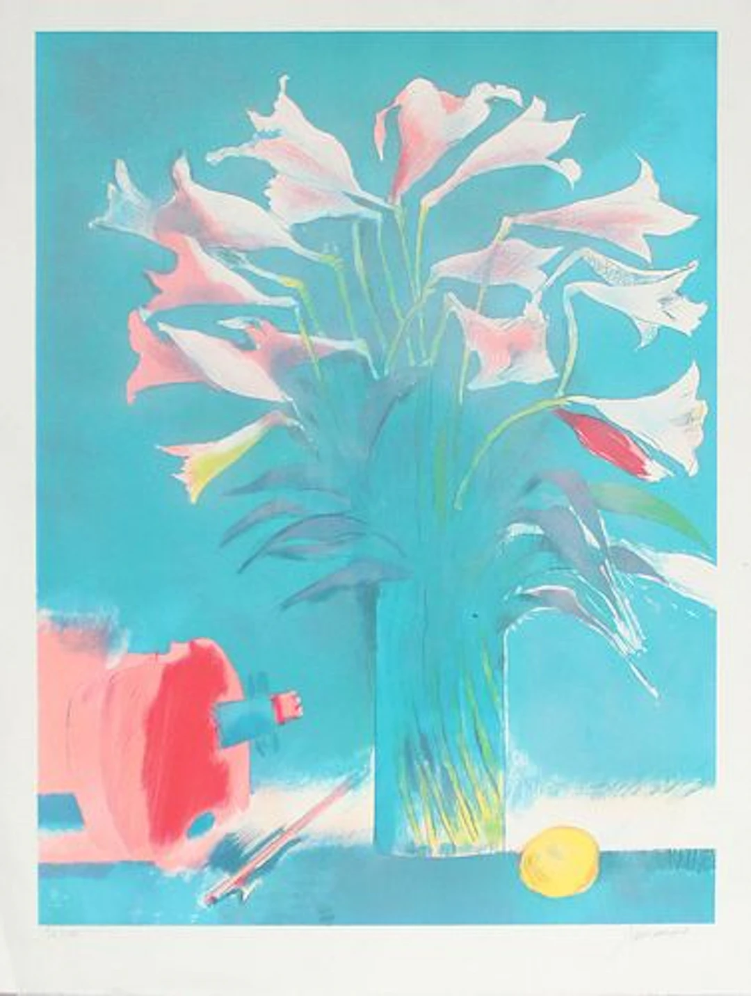 Paul Guiramand - Bouquet de Lys sur Fond Bleu