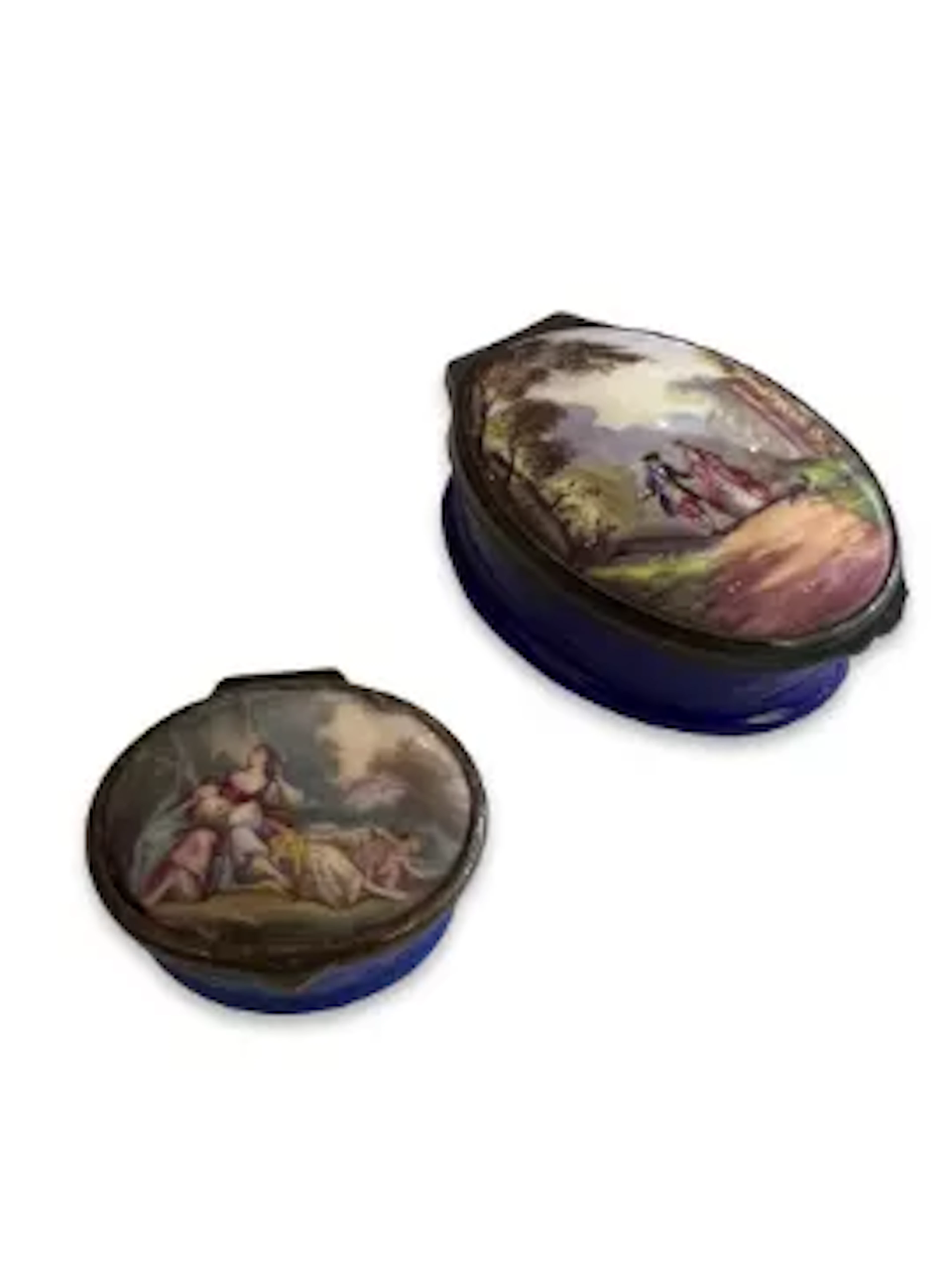 TWO 18TH CENTURY BILSTON ENAMEL BOXES WITH ARCADIAN LANDSCAPES