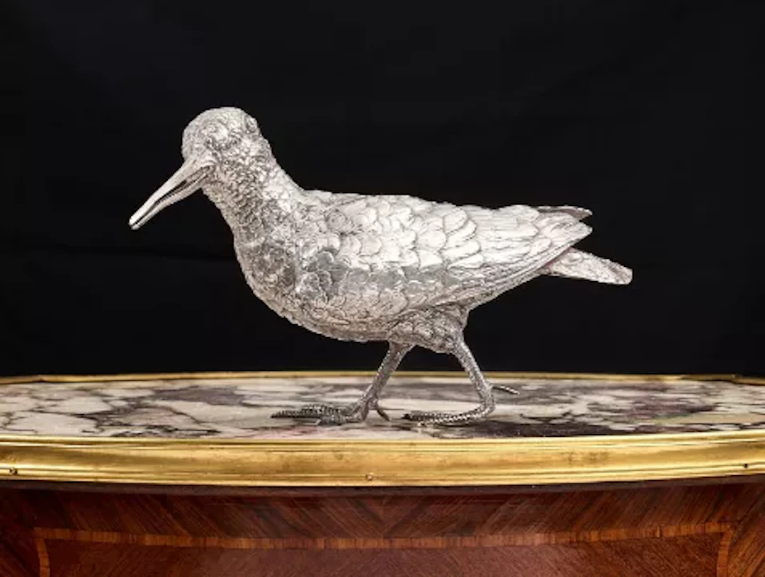 A LARGE STERLING SILVER MODEL OF A SNIPE, LONDON, EDWARD BARNARD & SONS LTD