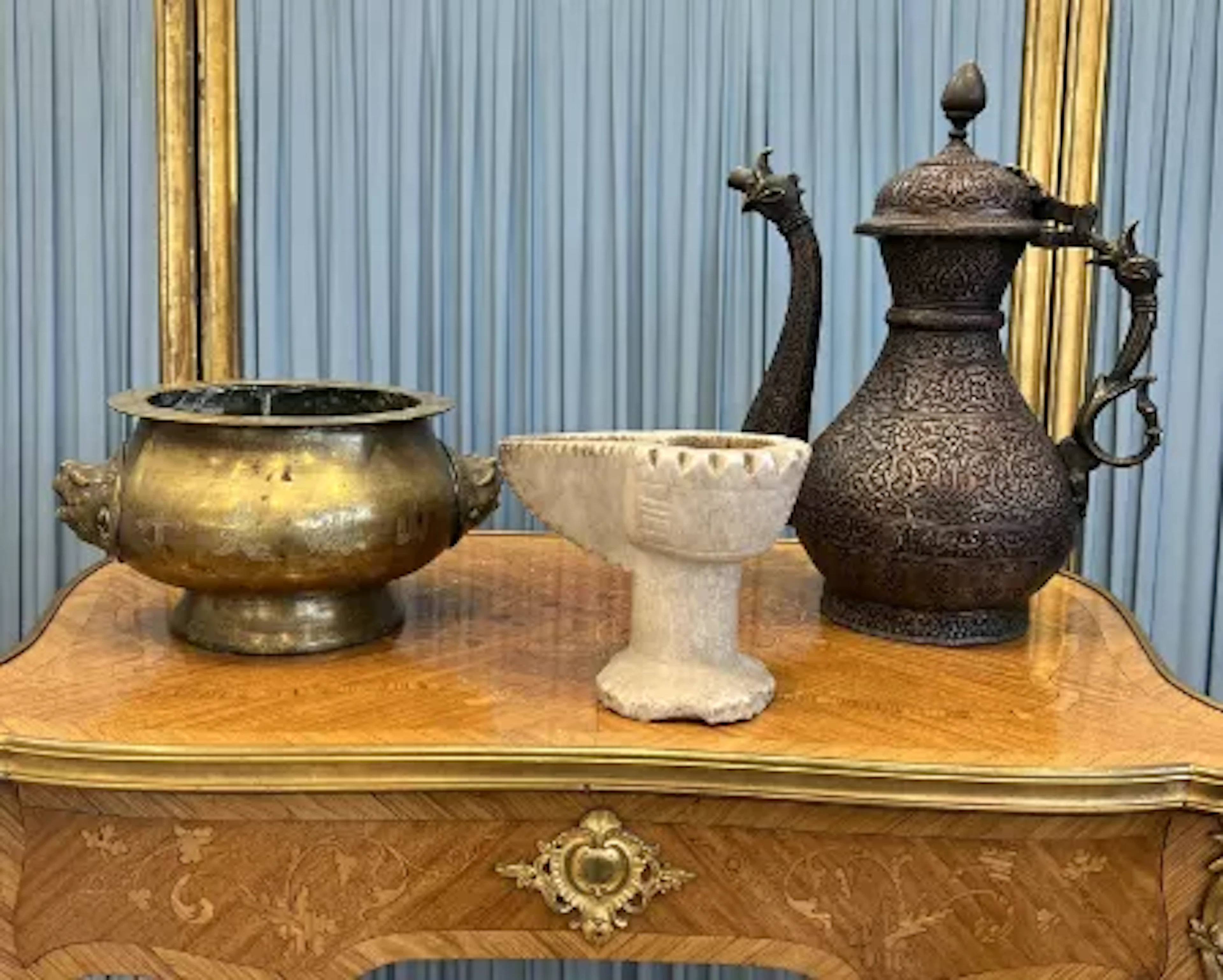 A CARVED MARBLE OIL LAMP, A KASHMIRI COFFEE POT AND A CHINESE CENSER