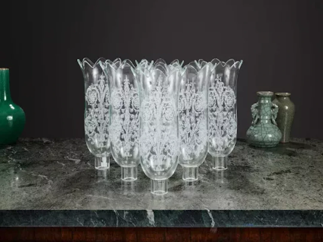BACCARAT: A SET OF SIX ETCHED GLASS HURRICANE SHADES