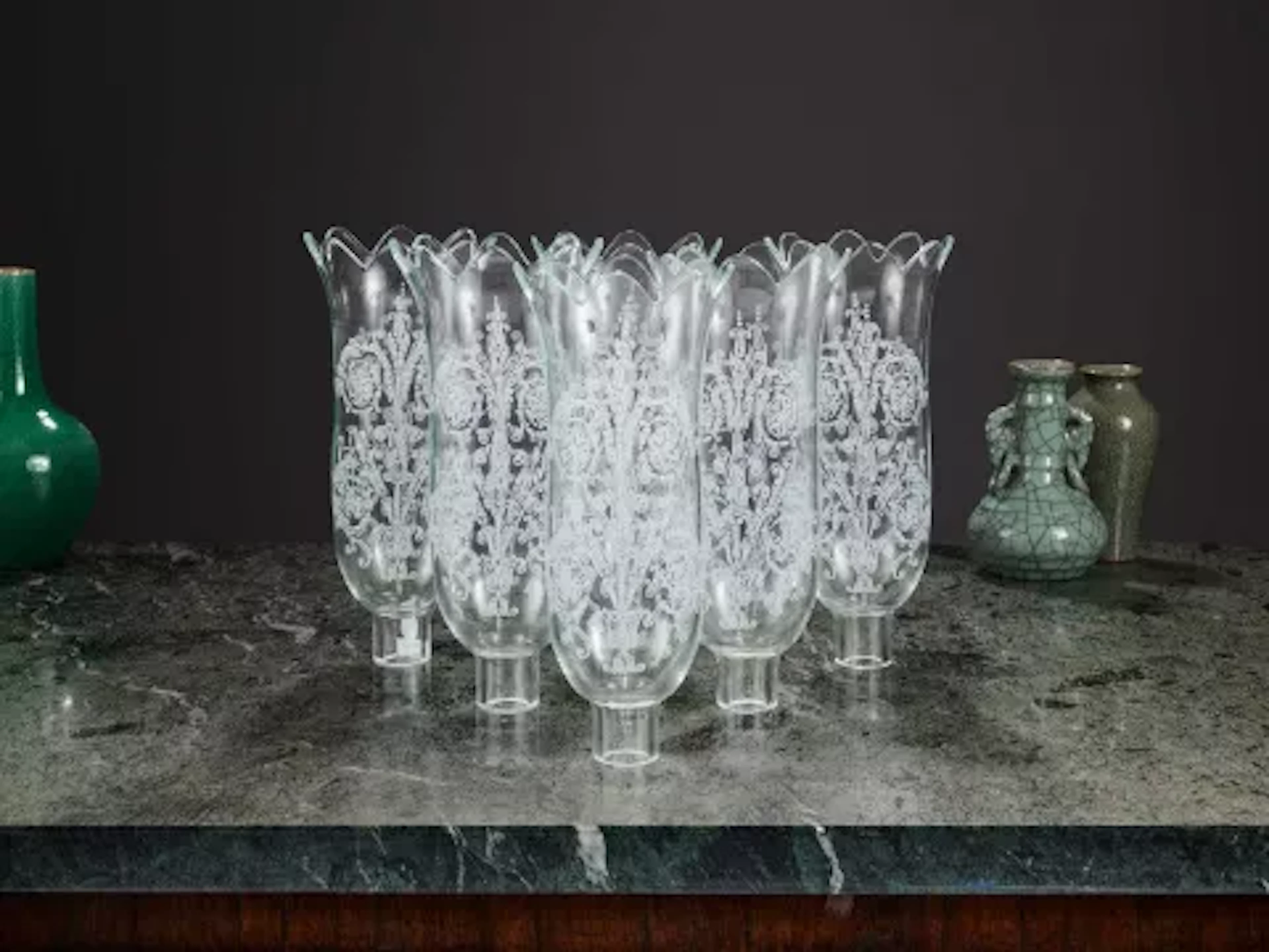 BACCARAT: A SET OF SIX ETCHED GLASS HURRICANE SHADES