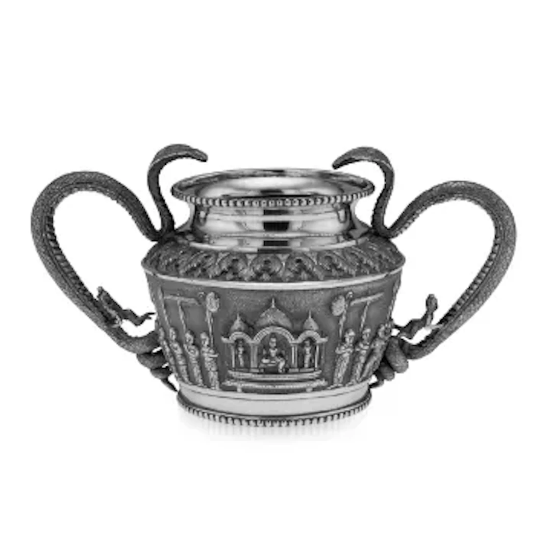 A 19TH CENTURY INDIAN SOLID SILVER COBRA HANDLED SUGAR BOWL, MADRAS C. 1890