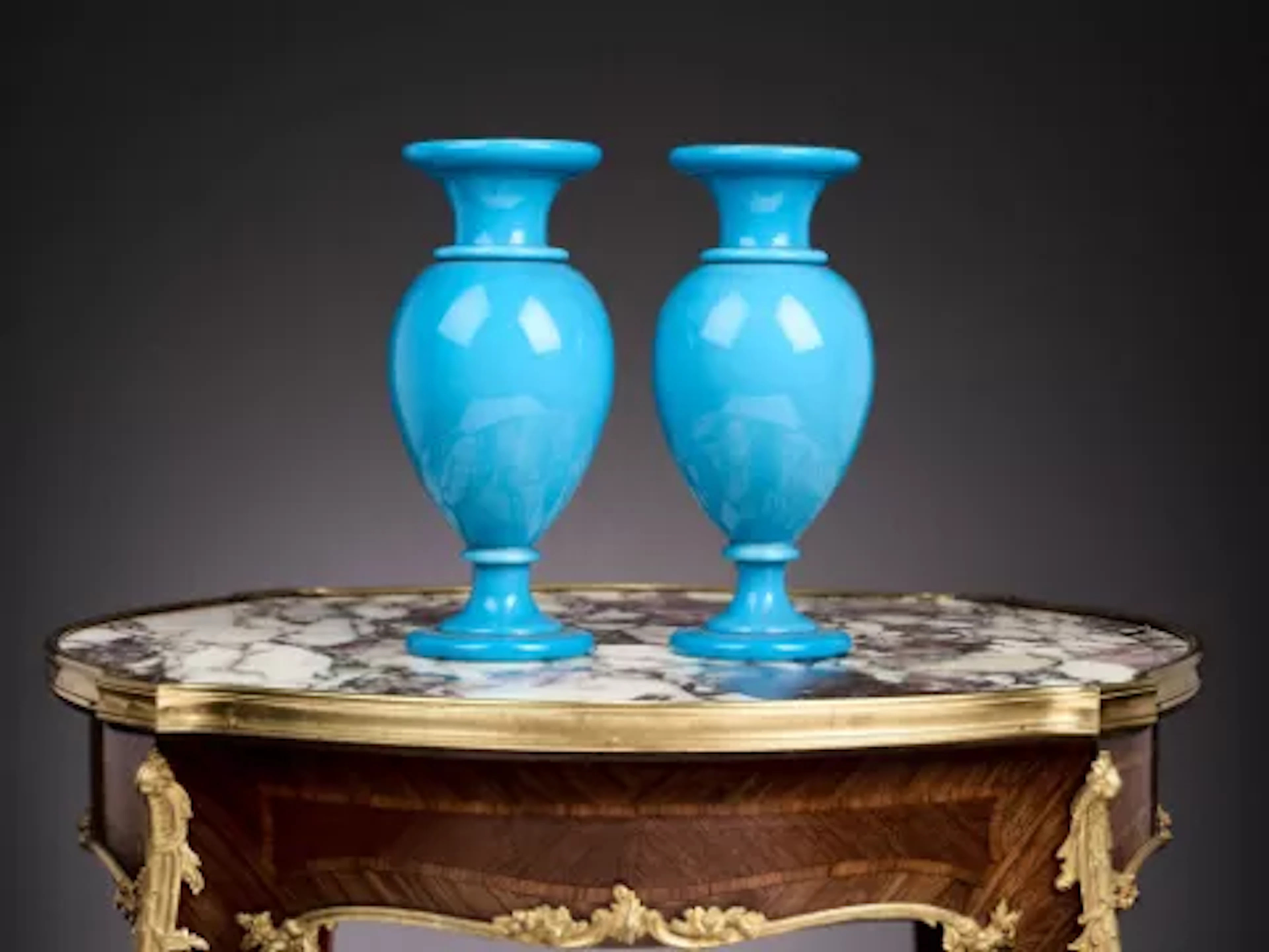 A PAIR OF 19TH CENTURY FRENCH OPALINE GLASS BALUSTER VASES