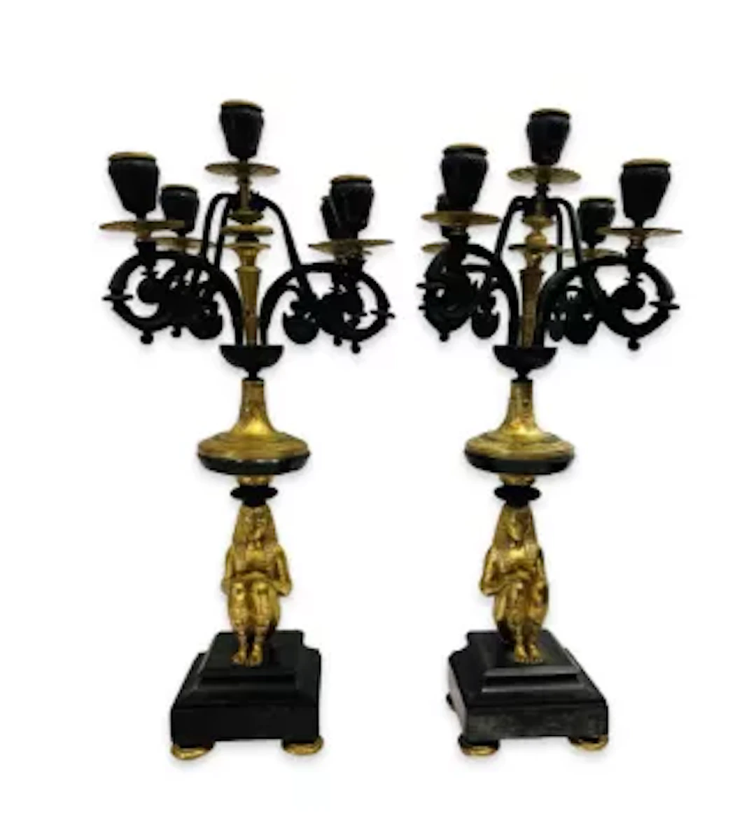 A PAIR OF 19TH CENTURY FRENCH GILT BRONZE EGYPTIAN REVIVAL CANDELABRA