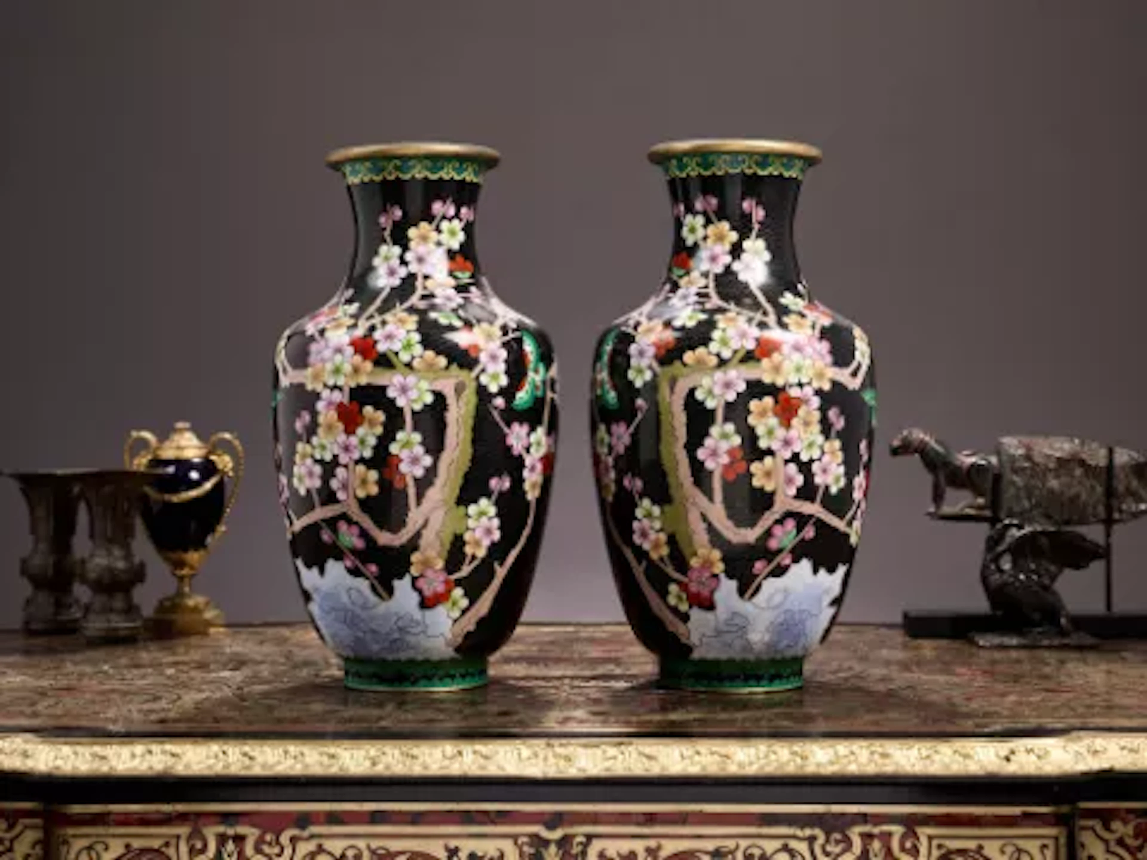 A LARGE PAIR OF CHINESE CLOISONNE ENAMEL BALUSTER VASES