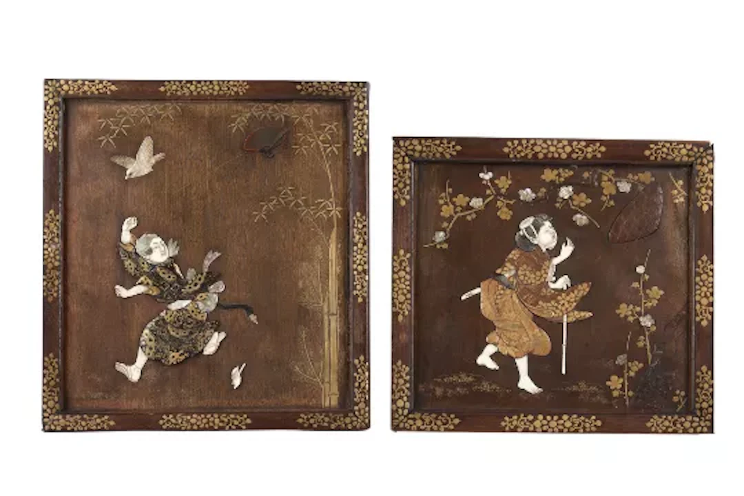 TWO JAPANESE MEIJI PERIOD GOLD LACQUER AND SHIBAYAMA STYLE INLAID WOOD PANELS