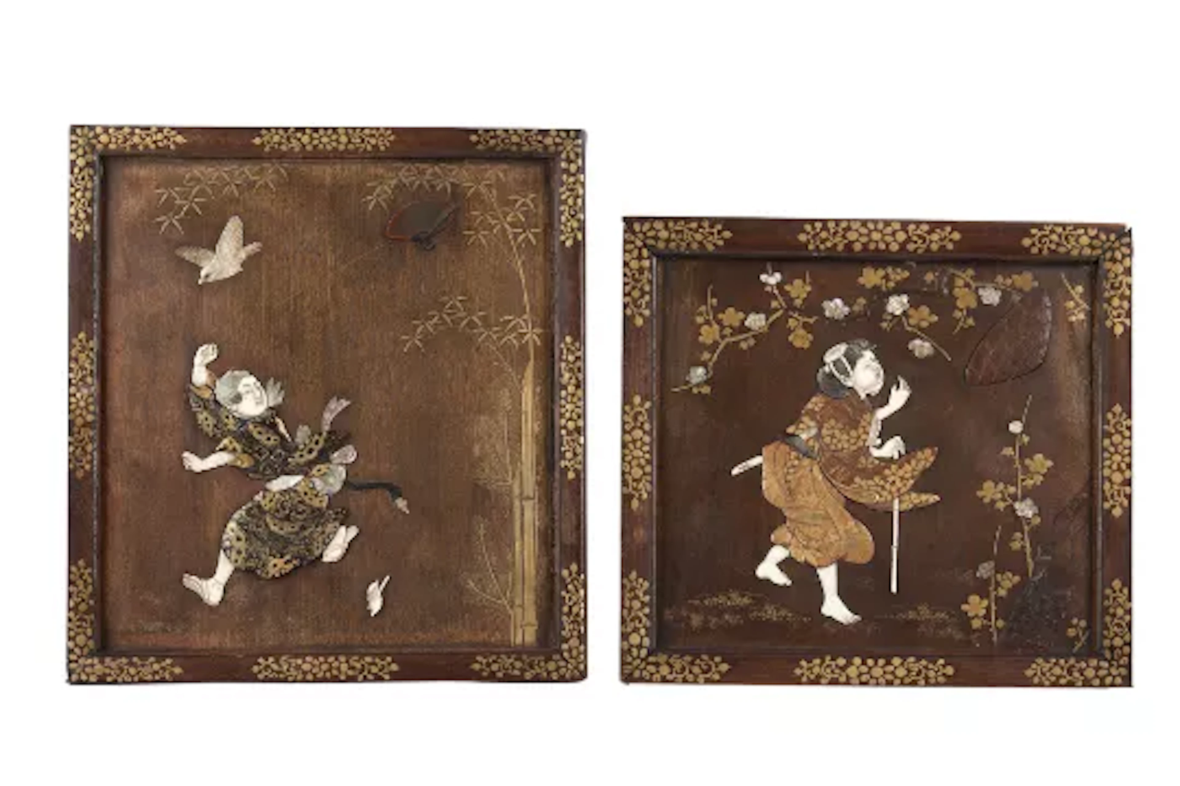 TWO JAPANESE MEIJI PERIOD GOLD LACQUER AND SHIBAYAMA STYLE INLAID WOOD PANELS
