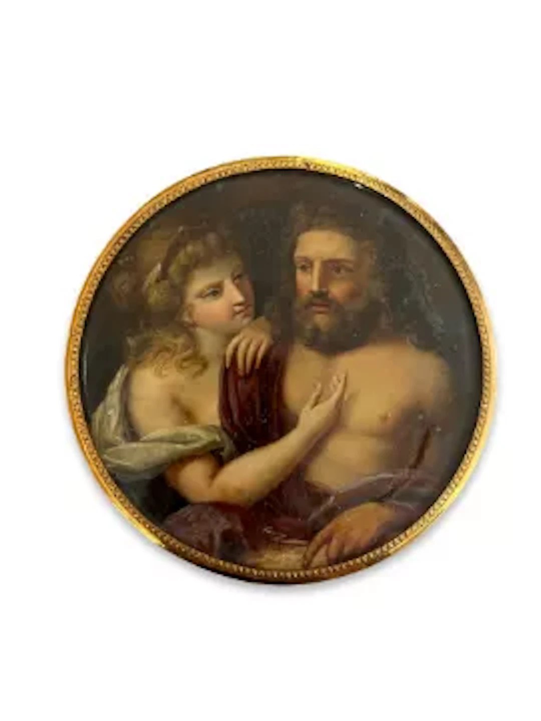 A 19TH CENTURY TORTOISESHELL AND GOLD MOUNTED PAINTED MINIATURE SNUFF BOX